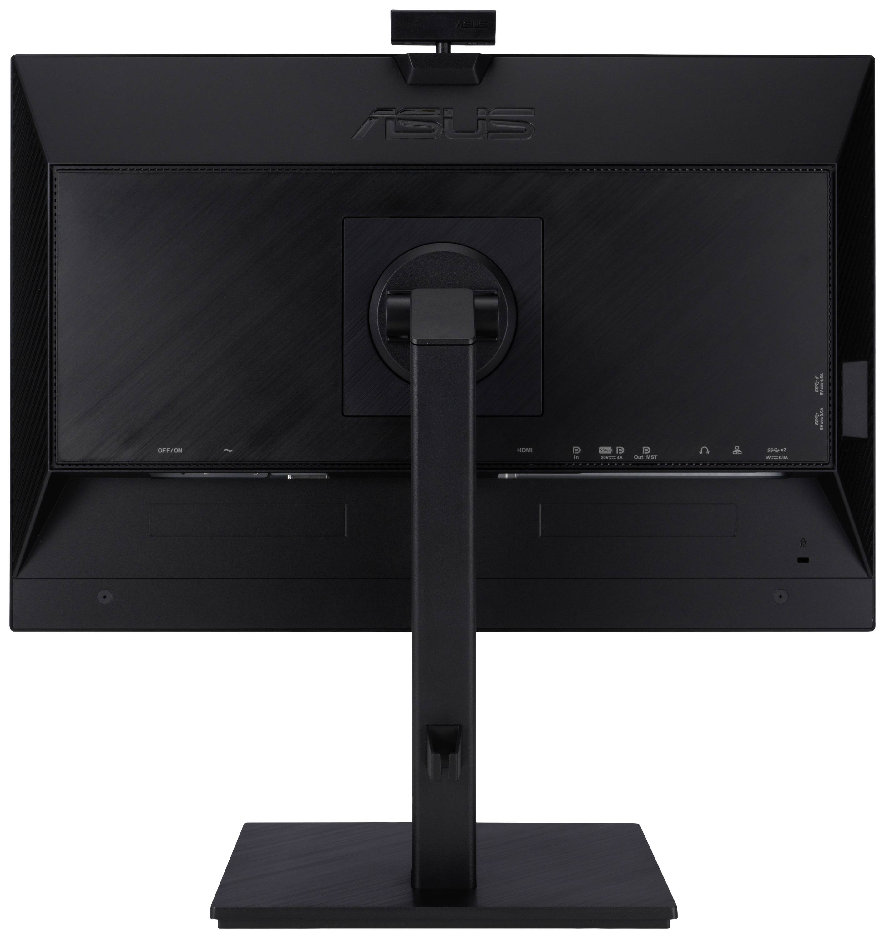 Rückseite eines schwarzen Computer-Monitors mit verstellbarem Standfuß und Anschlussmöglichkeiten.