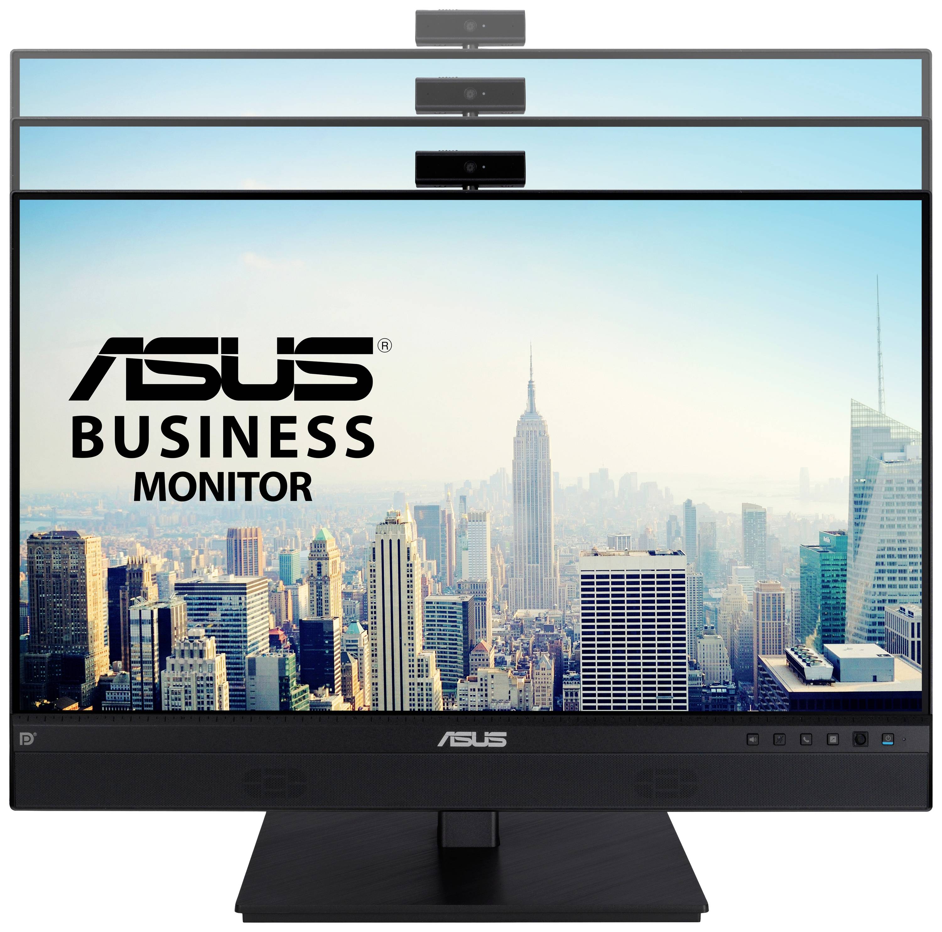 ASUS Business Monitor mit Blick auf eine Skyline. Hauptmerkmal: Kameras oben montiert. Ideal für Videokonferenzen und Geschäftsanwendungen.