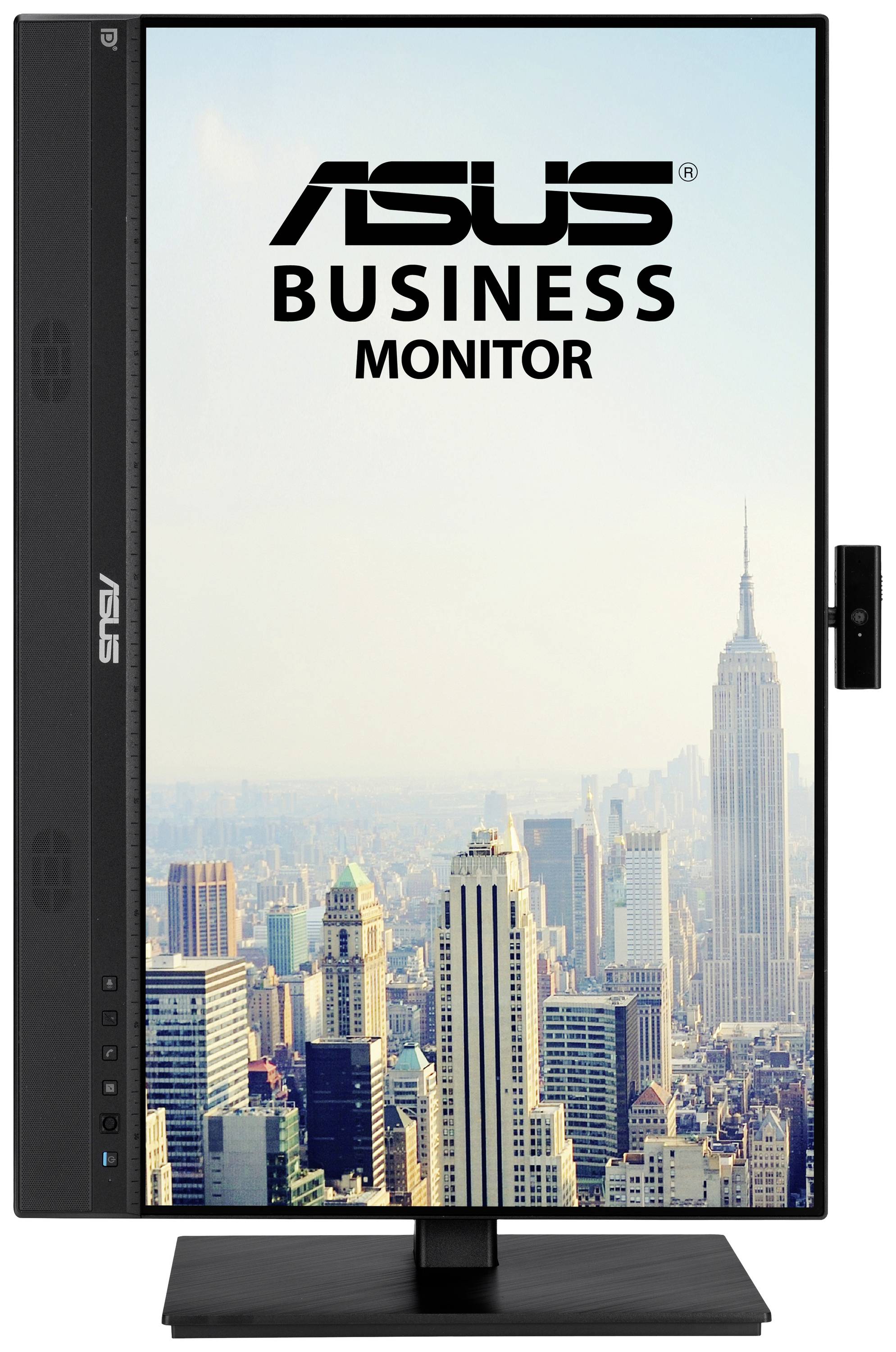 Ein hochkant aufgestellter ASUS-Monitor zeigt die Skyline einer Stadt mit Wolkenkratzern. Oben steht 'ASUS Business Monitor'.