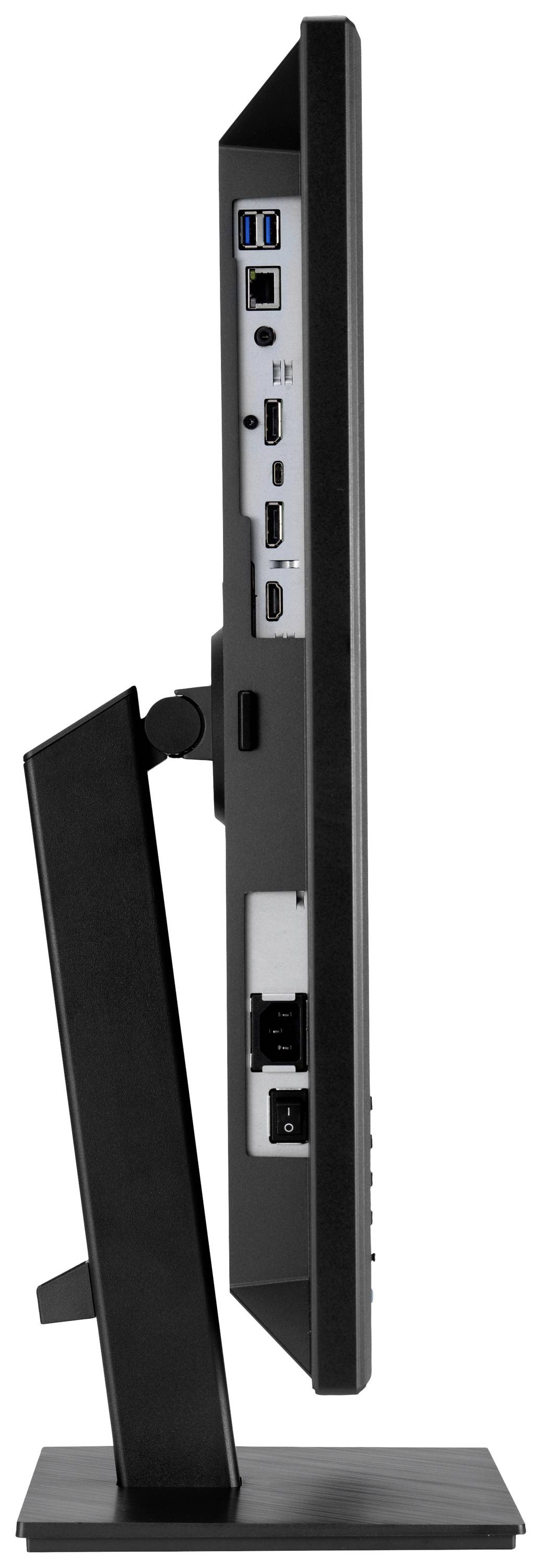 Seitenansicht eines schwarzen Computerbildschirms, der auf einem verstellbaren Ständer steht. Mehrere Anschlüsse auf der Rückseite.