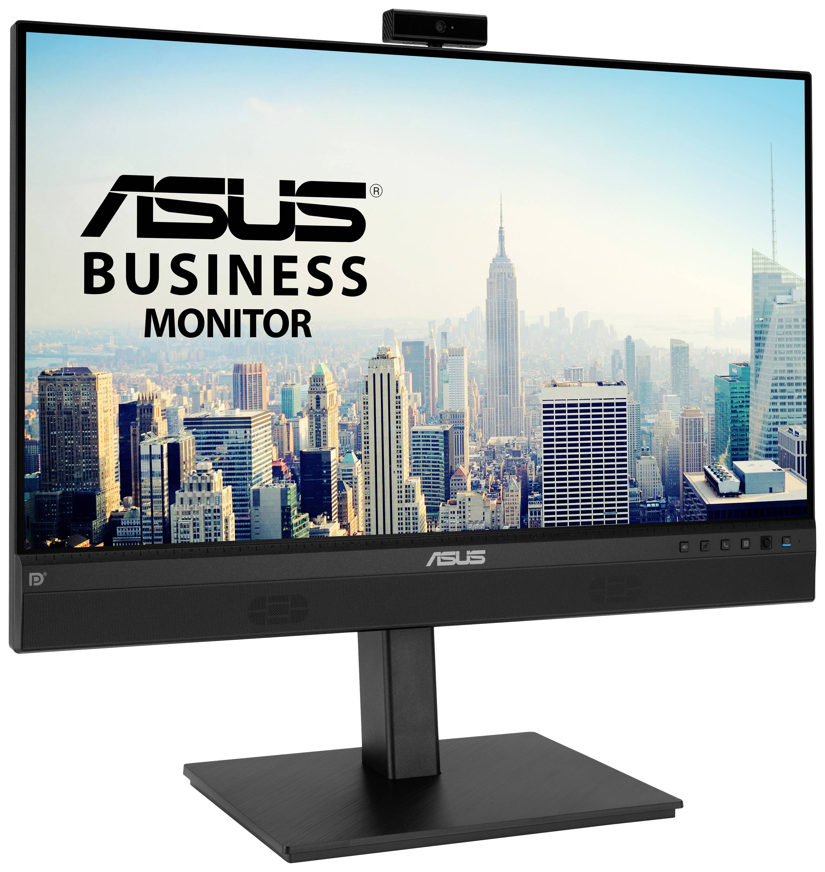 Ein Asus Business Monitor vor einer Skyline eines Stadtbildes, wahrscheinlich New York.
