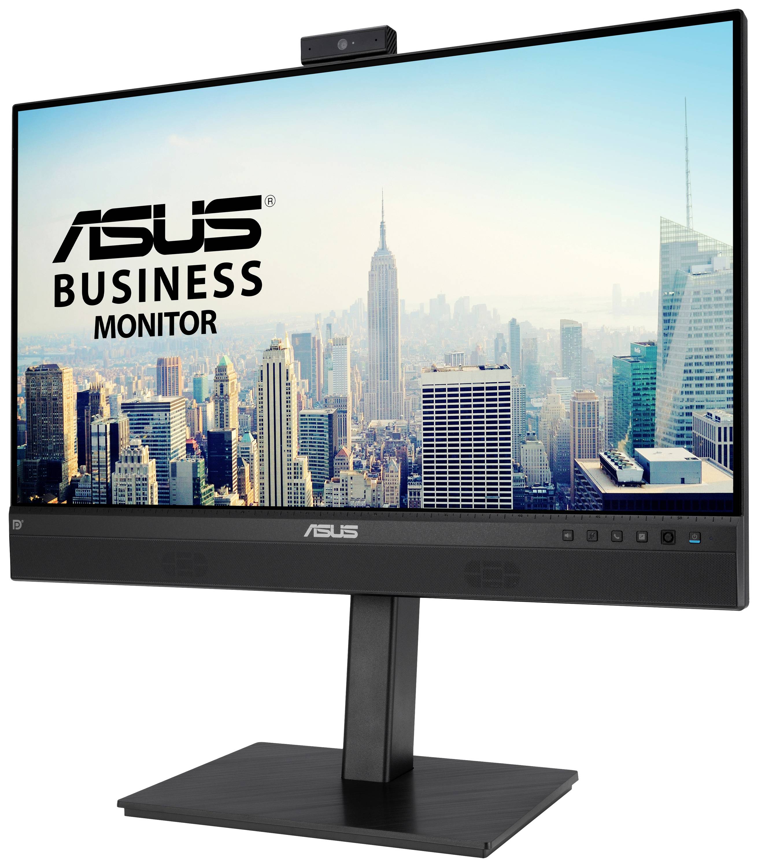 Ein ASUS Business Monitor zeigt eine Stadtansicht mit Wolkenkratzern unter blauem Himmel.