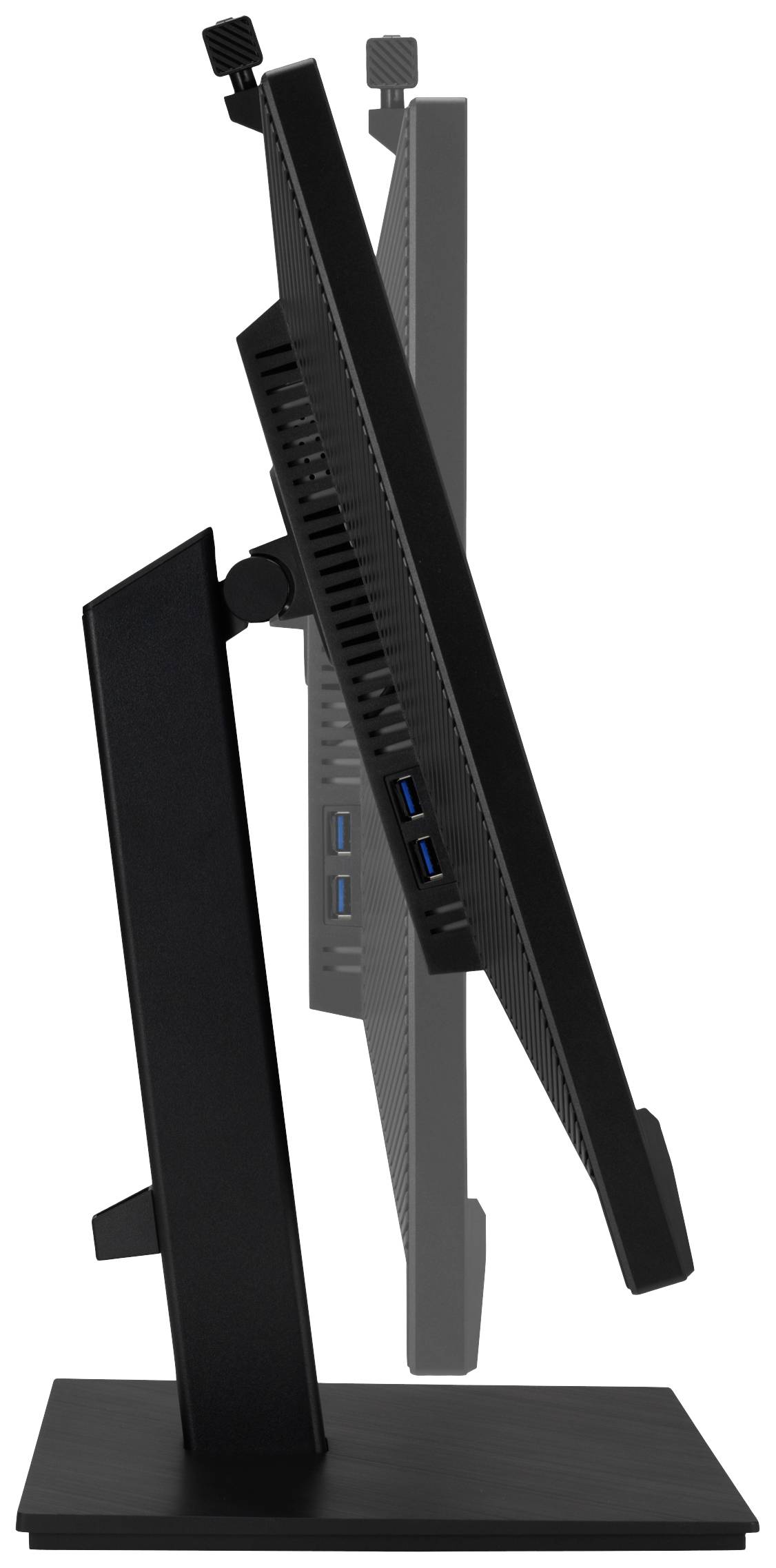 Ein Computerbildschirm in seitlicher Ansicht mit verstellbarem Neigungswinkel, zeigt mehrere USB-Anschlüsse auf der Rückseite.