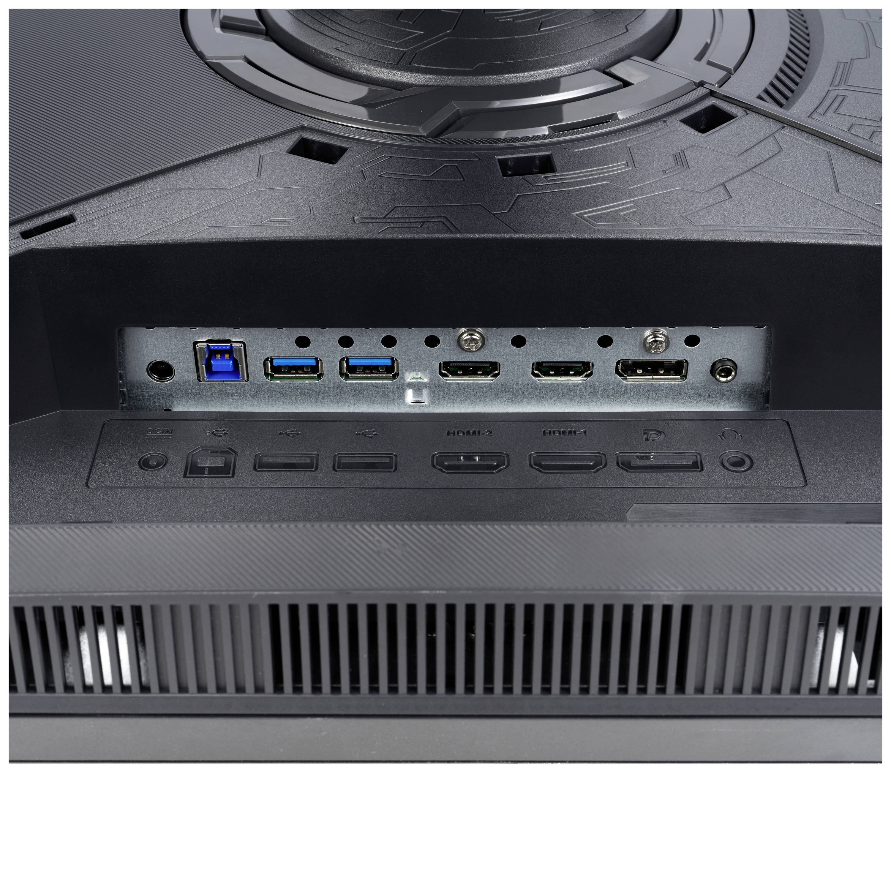 Rückseite eines Monitors mit mehreren Anschlussmöglichkeiten: zwei HDMI, ein DisplayPort, USB-Anschlüsse, ein Audio-Ausgang und mehr.