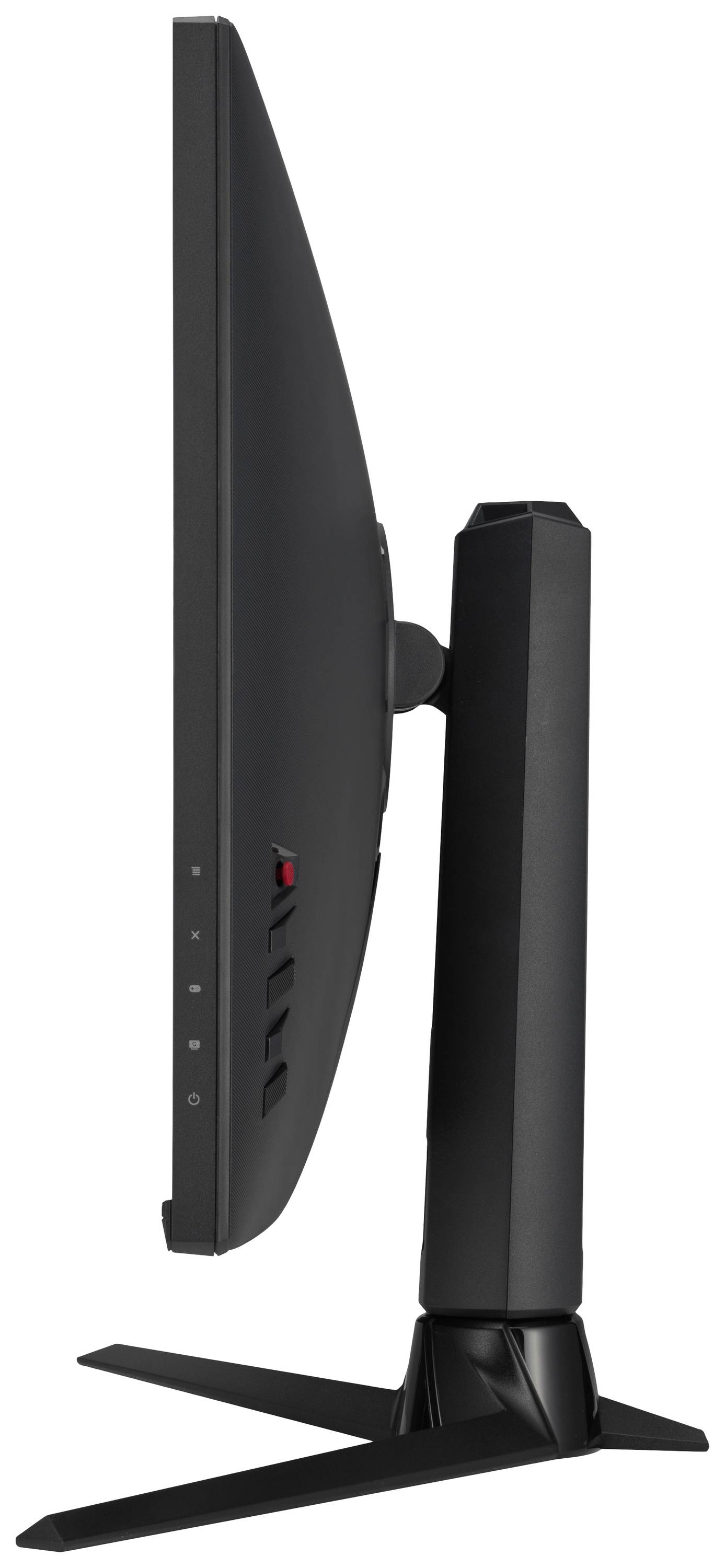 Seitenansicht eines schwarzen Computerbildschirms mit schlankem Design auf einem stabilen Standfuß.