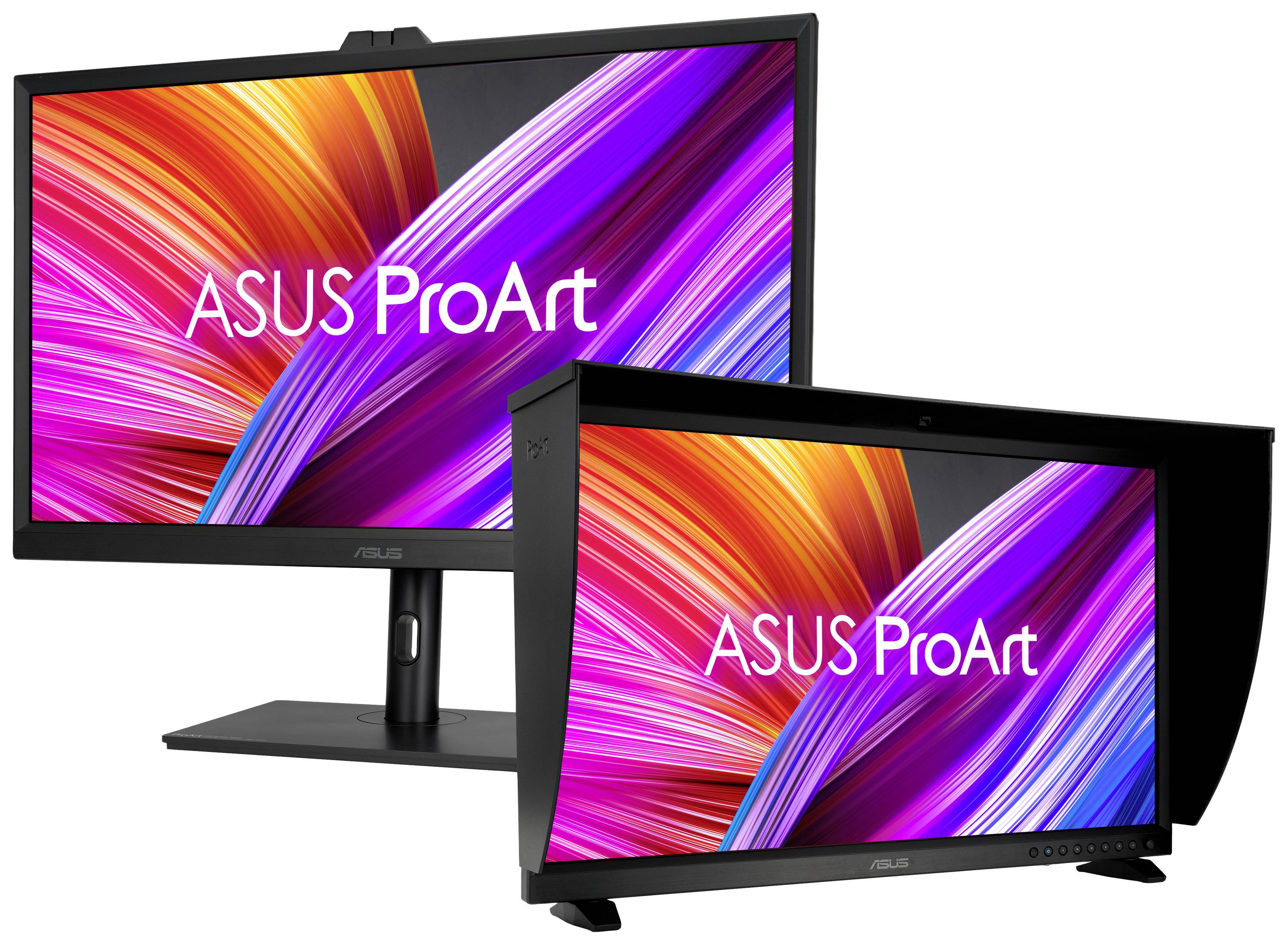 Zwei ASUS ProArt Monitore mit lebhaften farbigen Bildschirmhintergründen. Zeigen unterschiedliche Modelle und Ständeroptionen.