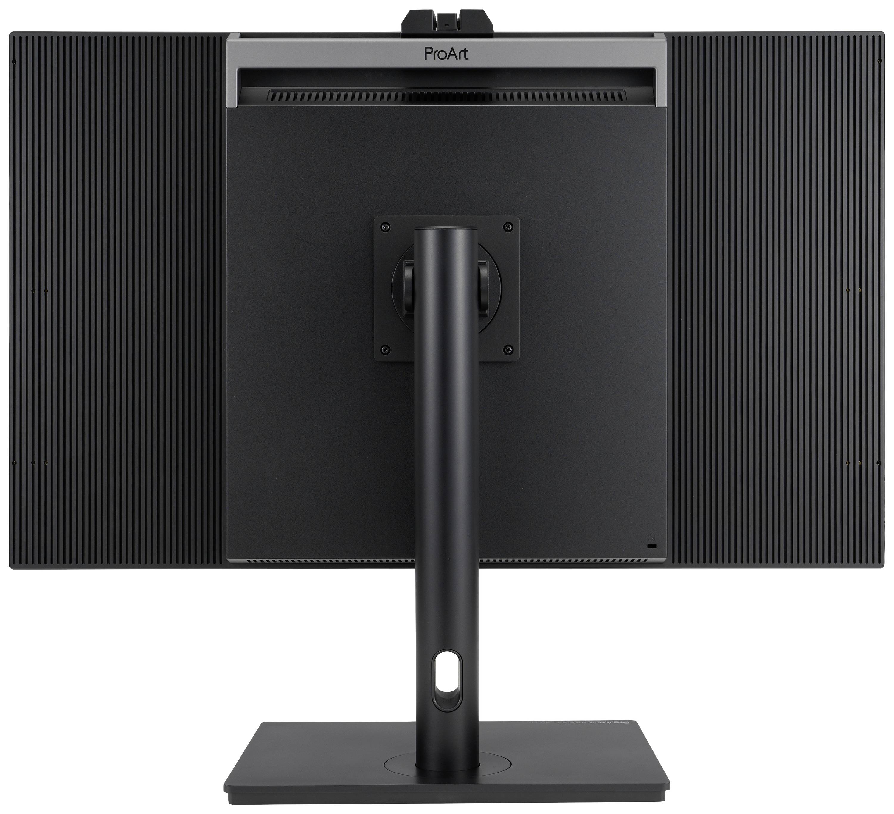 Rückansicht eines schwarzen Computermonitors auf einem Standfuß, schlichtes und modernes Design, rechteckige Form.