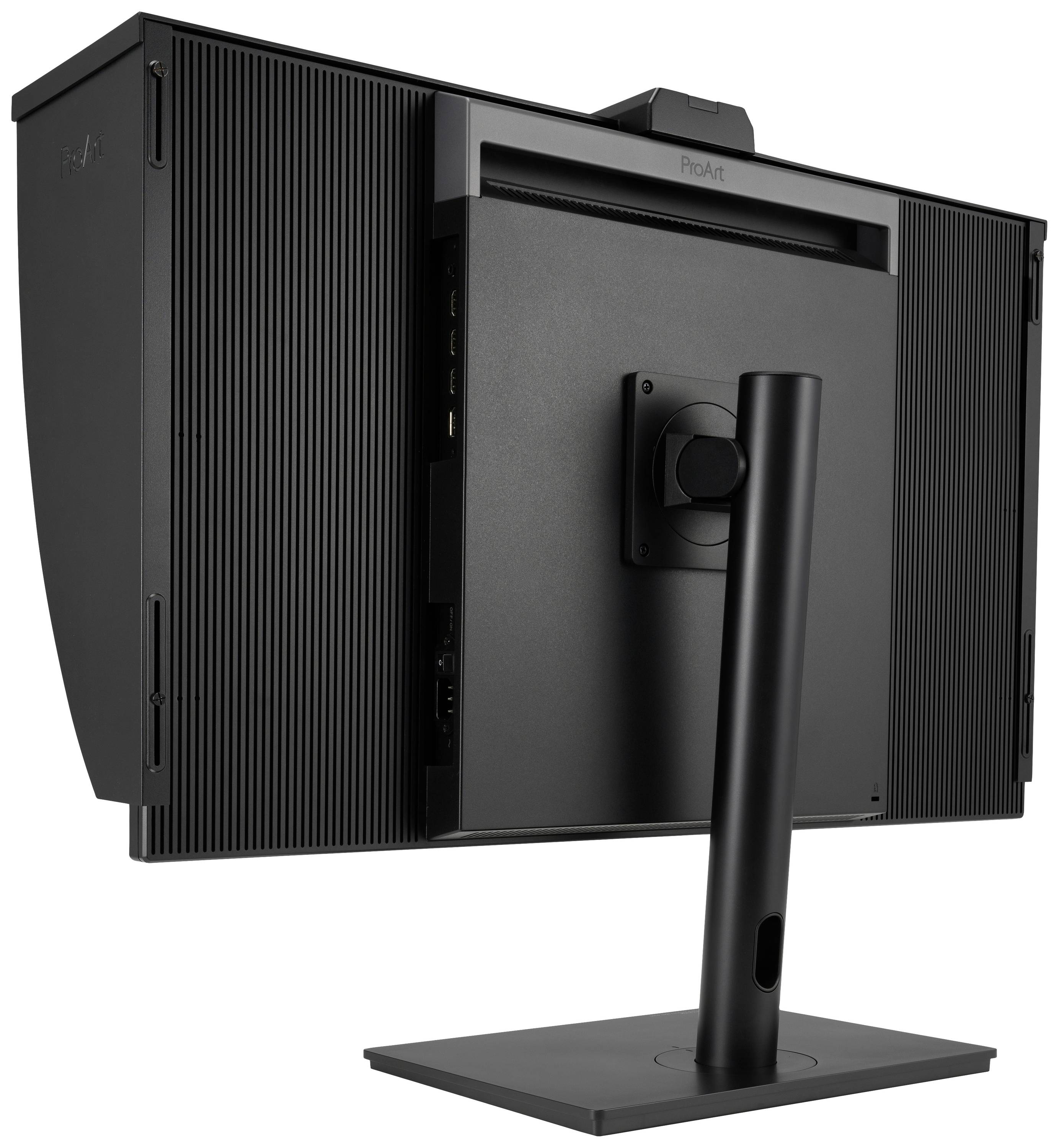Rückseite eines schwarzen Computermonitors mit vertikalem Standfuß. Seitenansicht zeigt gerippte Lüftungsschlitze und Kabelanschlüsse.