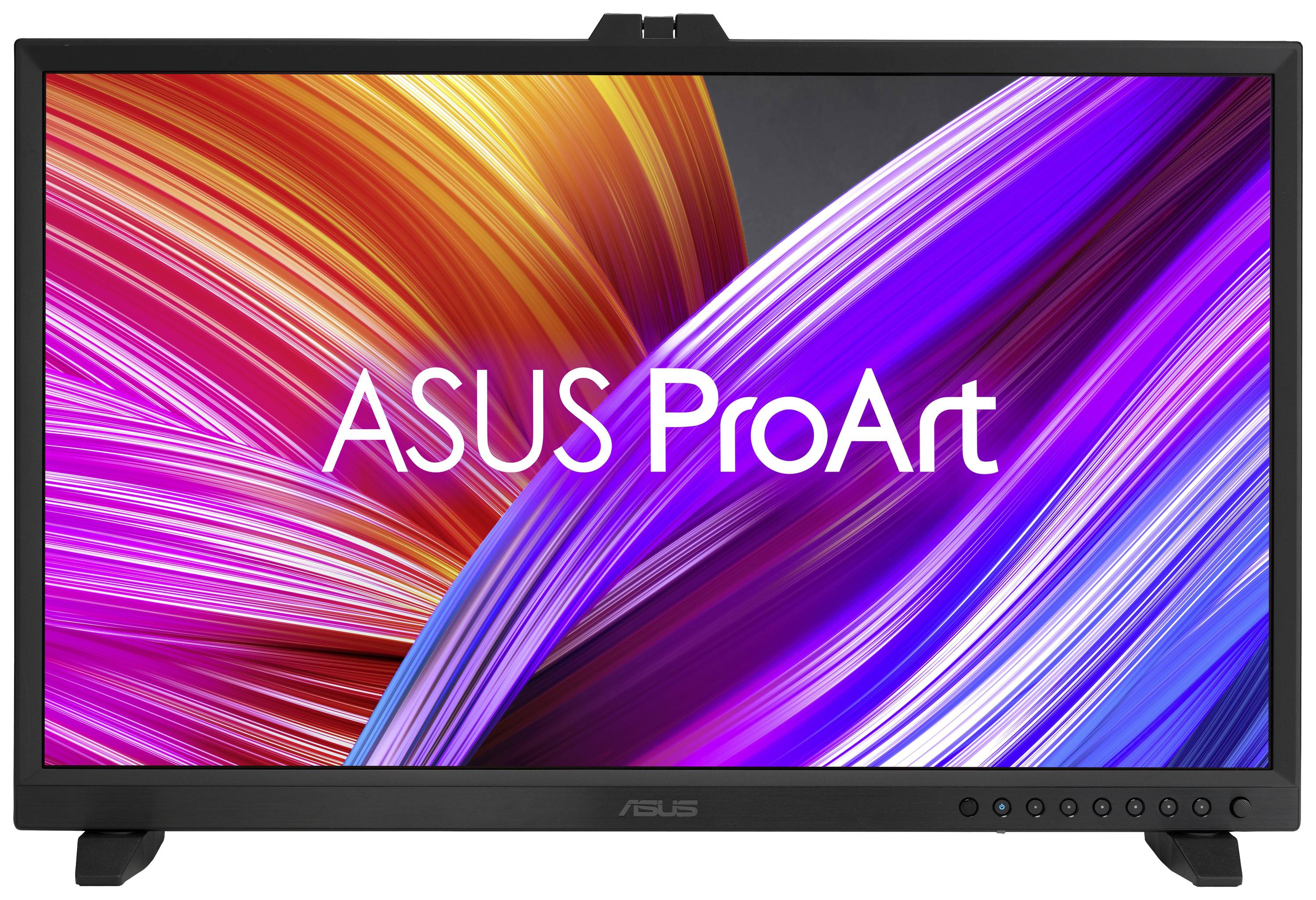 Ein ASUS ProArt Monitor mit bunten, abstrakten Linien auf dem Bildschirm, zeigt lebendige Farben geeignet für kreative Arbeiten.