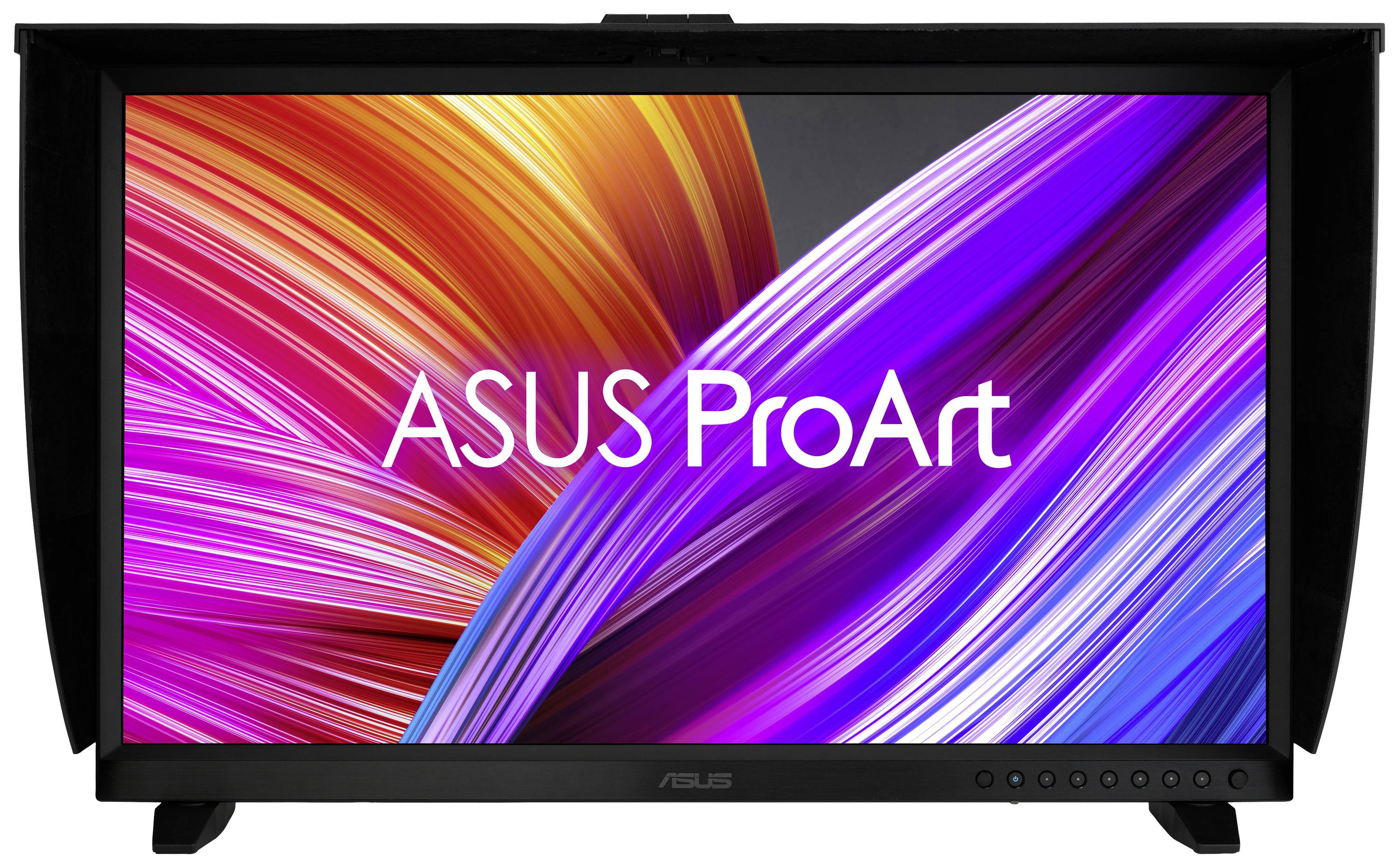 Ein Bildschirm mit der Aufschrift 'ASUS ProArt'. Der Hintergrund zeigt dynamische, bunte Lichtstreifen.