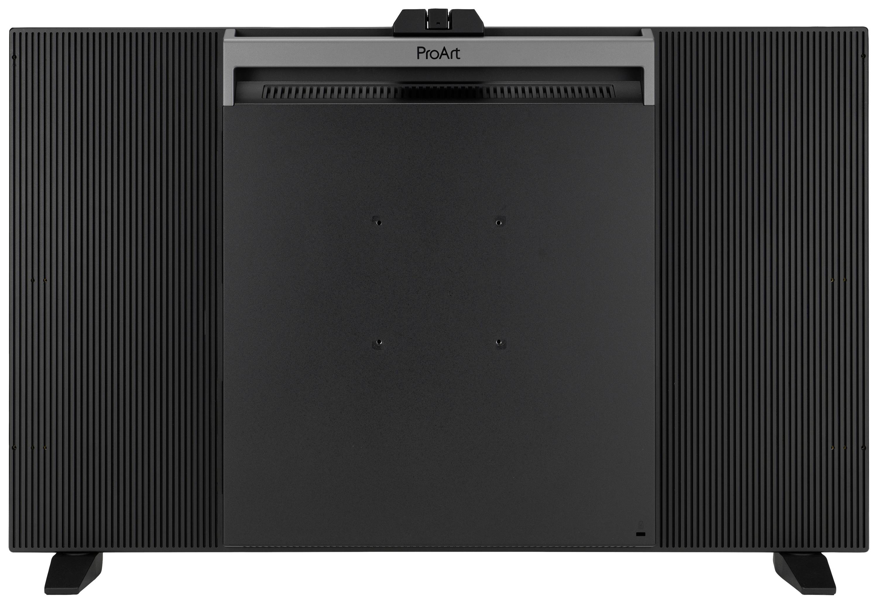 Ein schwarzer, rechteckiger Standfuß mit gerippten Seiten, gehört zu einem ProArt-Monitor.