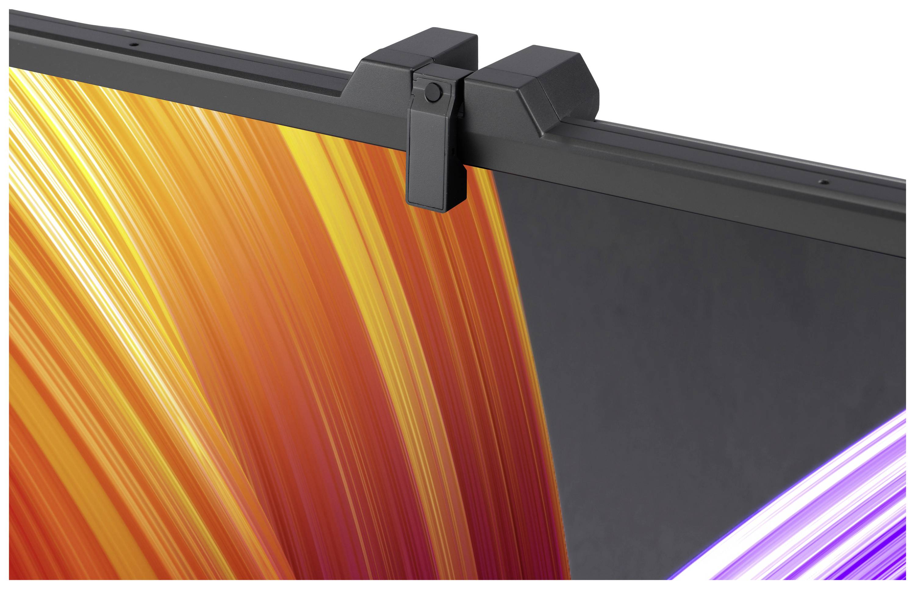 Ein Laptopbildschirm mit einem leuchtend orangen und violetten Hintergrund. Eine Webcam ist am oberen Rand des Bildschirms befestigt.