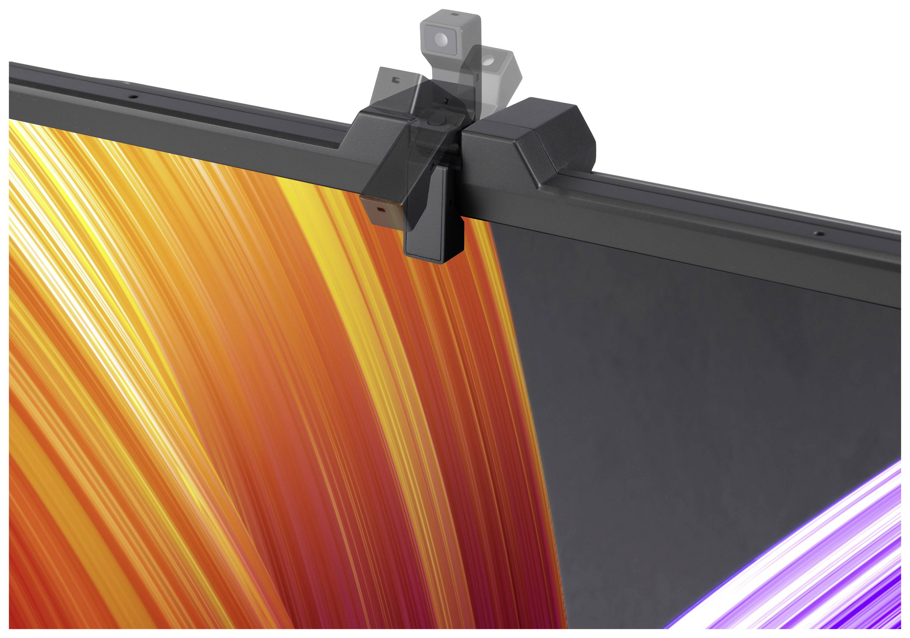 Eine Kamera ist oben auf einem Monitor mit einem lebhaften, orange-lila Hintergrund befestigt.