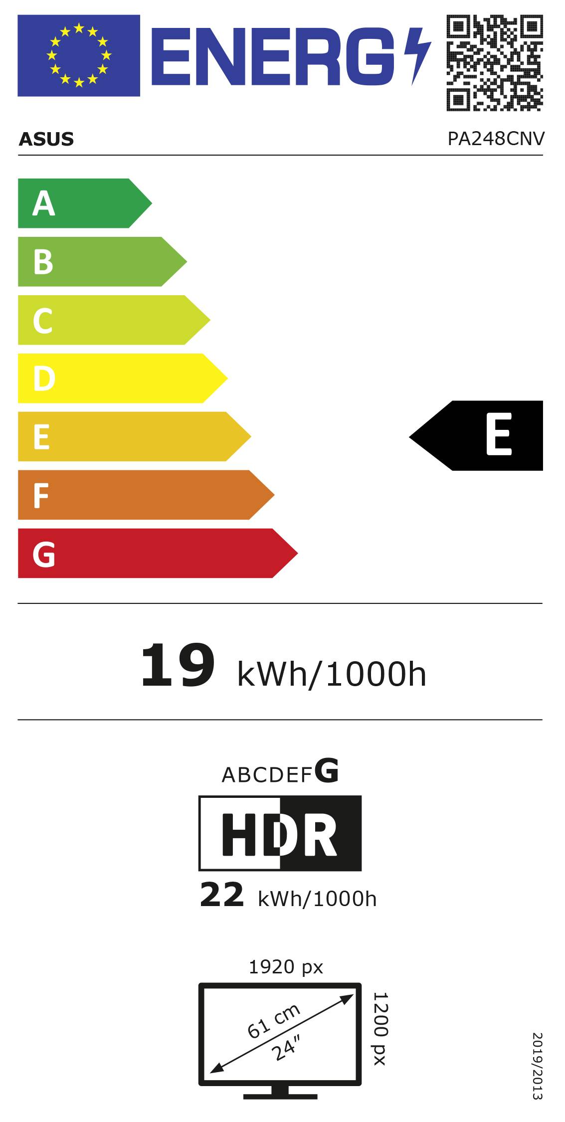 Energieetikett für einen ASUS-Monitor, Klasse E, 19 kWh/1000h, HDR 22 kWh/1000h, Bildschirmgröße 61 cm (24 Zoll), Auflösung 1920x1200 px.