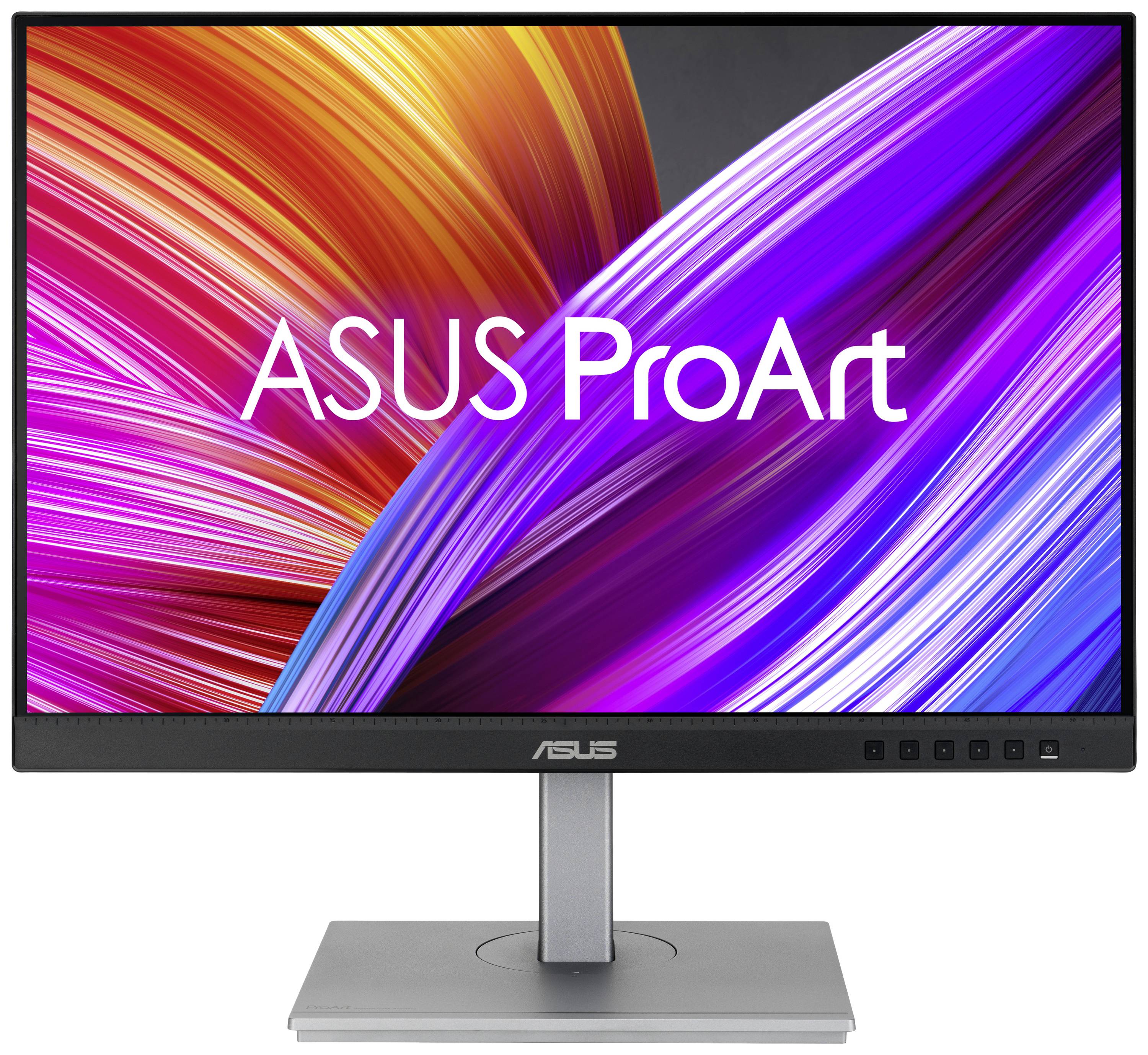 Ein ASUS ProArt-Monitor mit farbenfrohem, abstraktem Hintergrund auf dem Bildschirm; der Markenname 'ASUS ProArt' ist zentriert sichtbar.