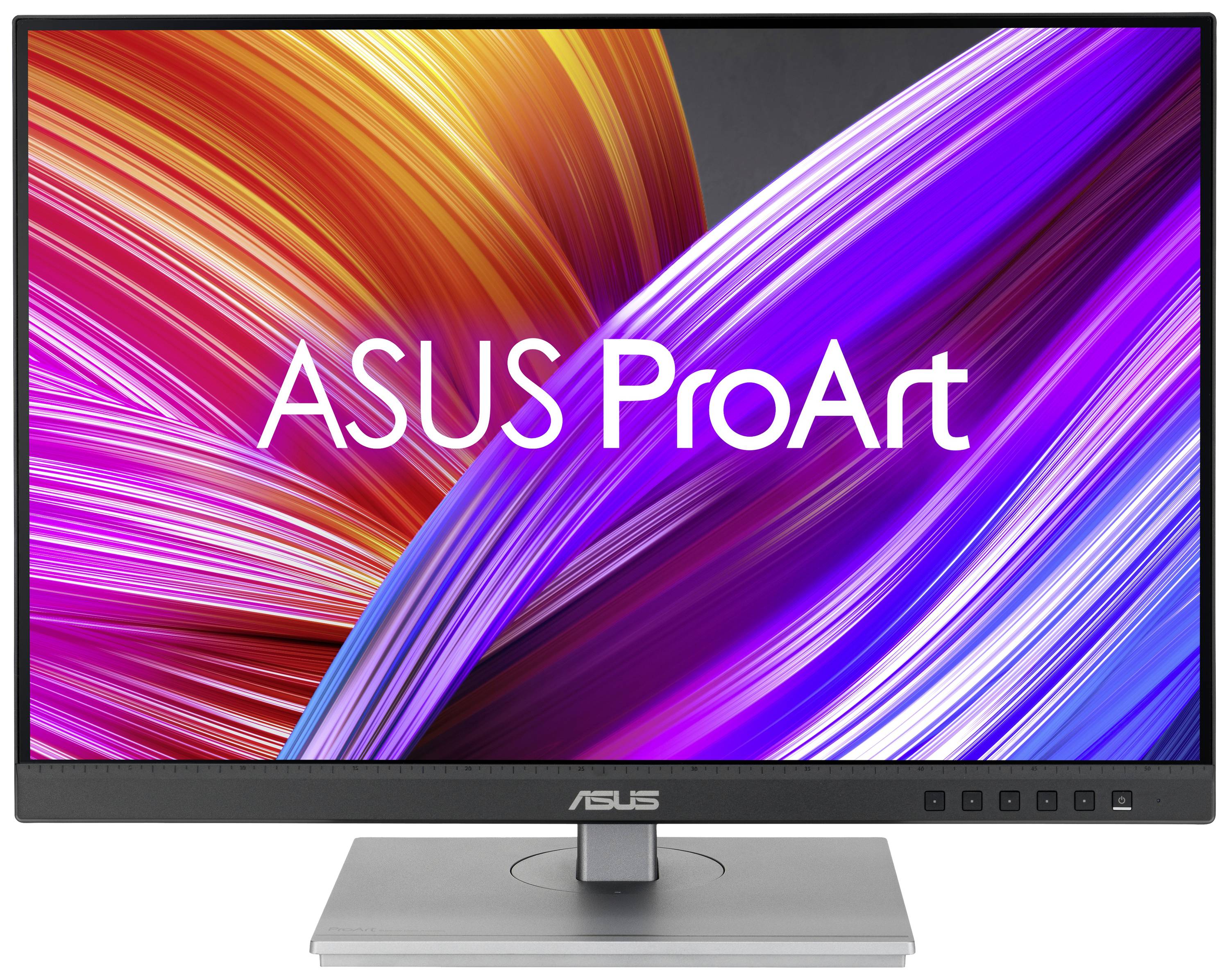 Ein ASUS ProArt Monitor mit einem farbenfrohen, abstrakten Hintergrund, der leuchtende Farben in Rot, Orange, Lila und Blau zeigt.