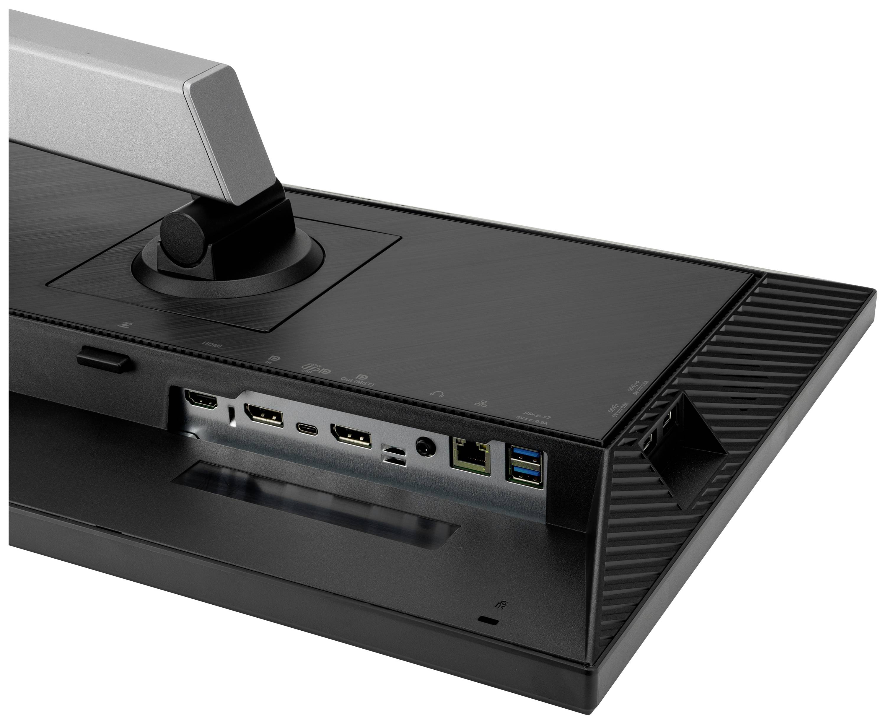 Die Rückseite eines Computermonitors zeigt verschiedene Anschlüsse, darunter HDMI, DisplayPort und USB-Ports.