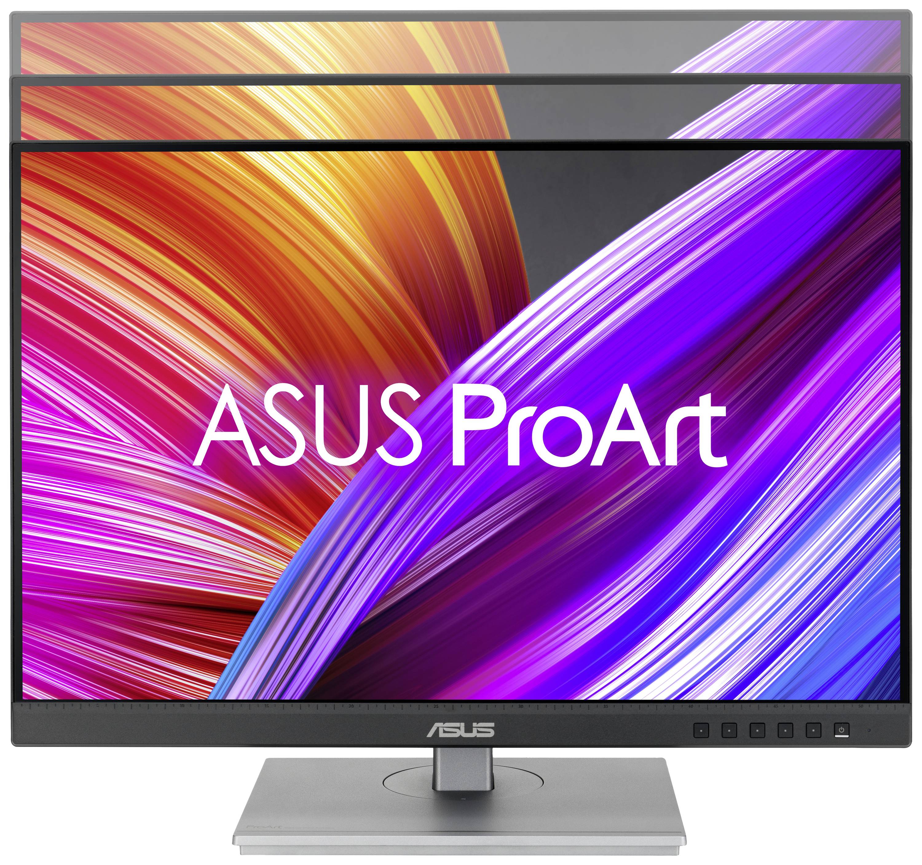 Ein Computerbildschirm der Marke ASUS ProArt zeigt leuchtende, ineinander fließende Farben in Rot, Orange, Pink und Blau.