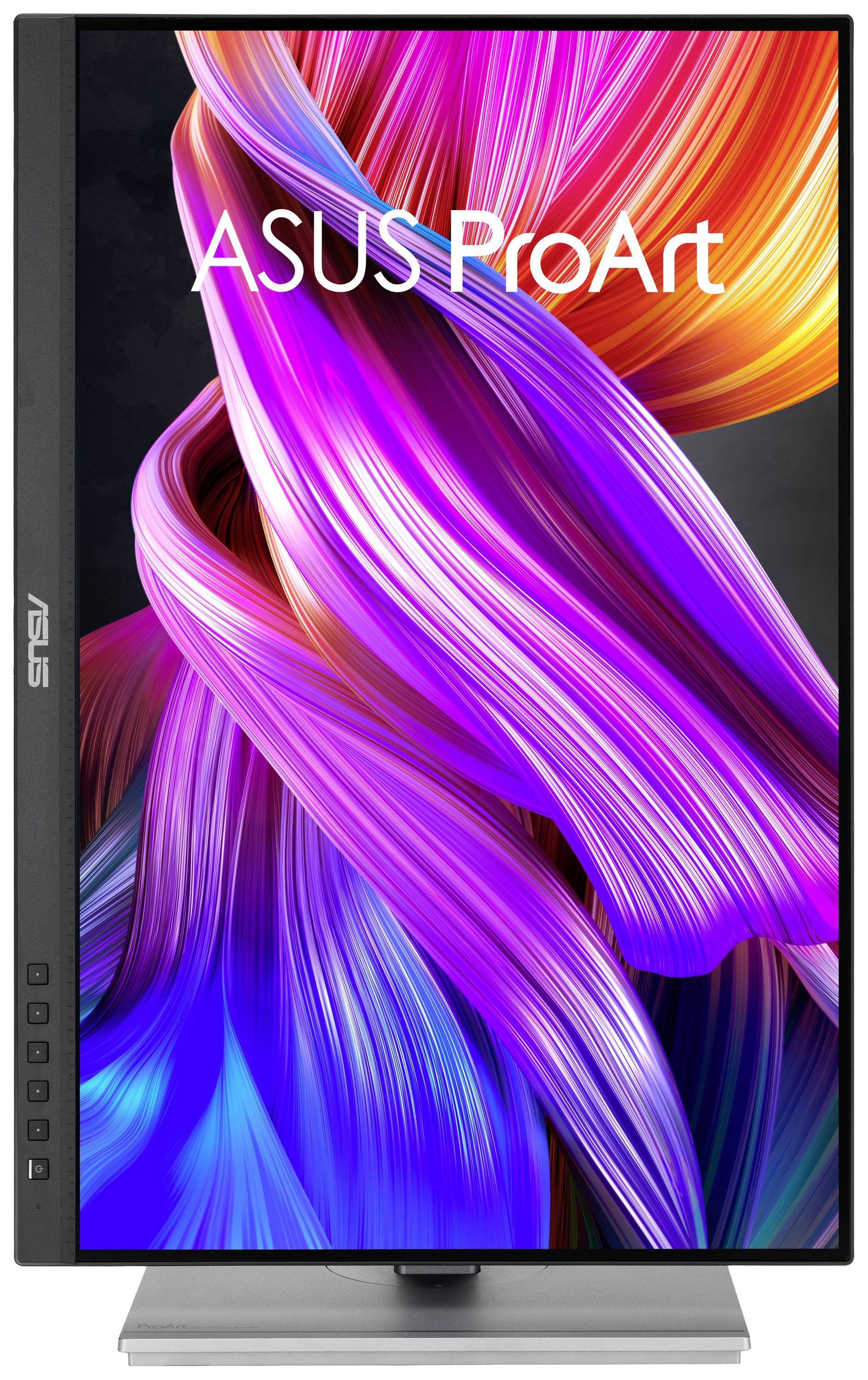 Monitor mit leuchtendem, buntem Wirbelmuster auf dem Bildschirm, markiert mit 'ASUS ProArt'.