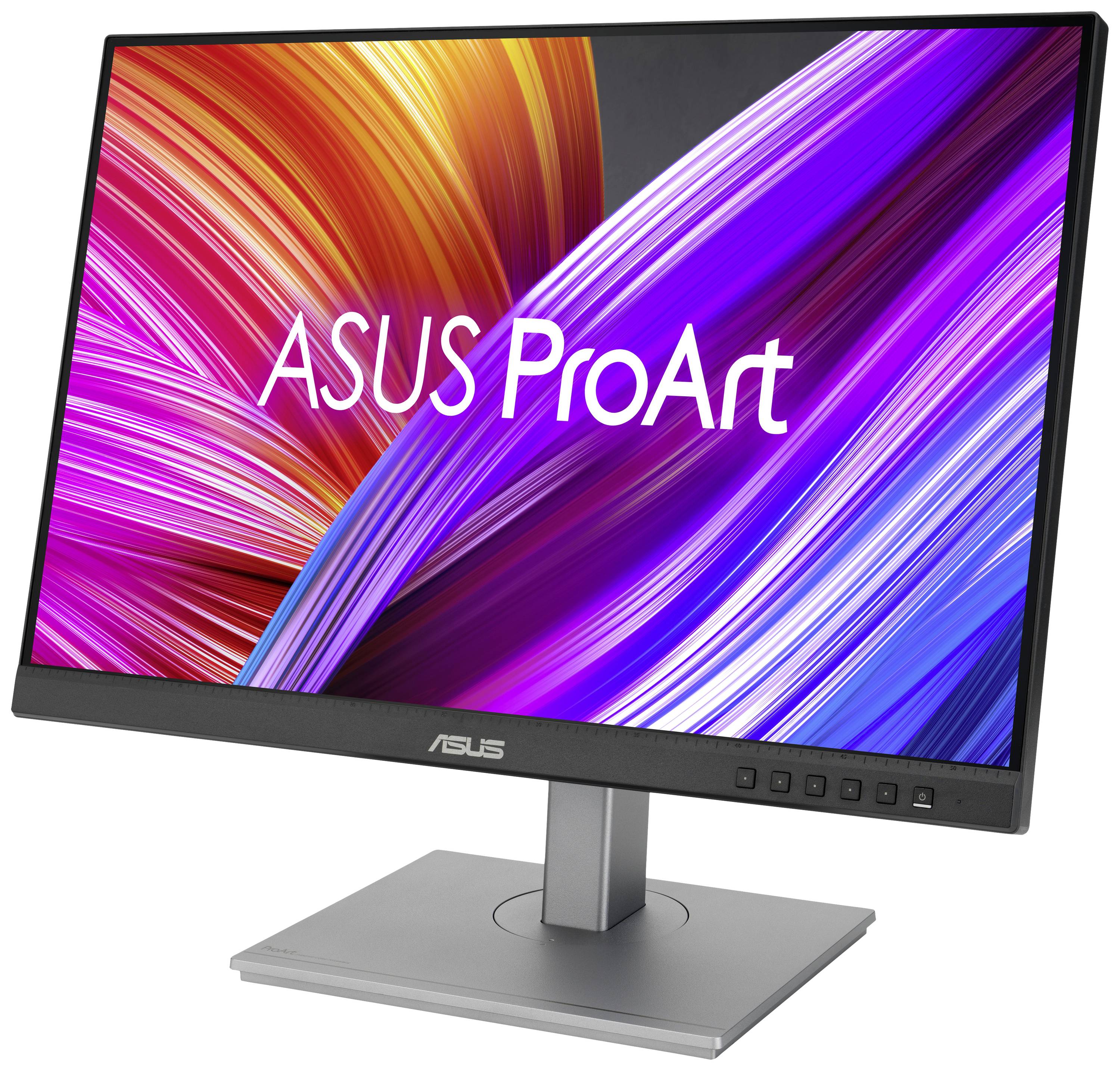 Ein ASUS ProArt Monitor mit farbenfrohen, diagonalen Linien auf dem Bildschirm, steht leicht zur Seite geneigt auf einem silbernen Standfuß.