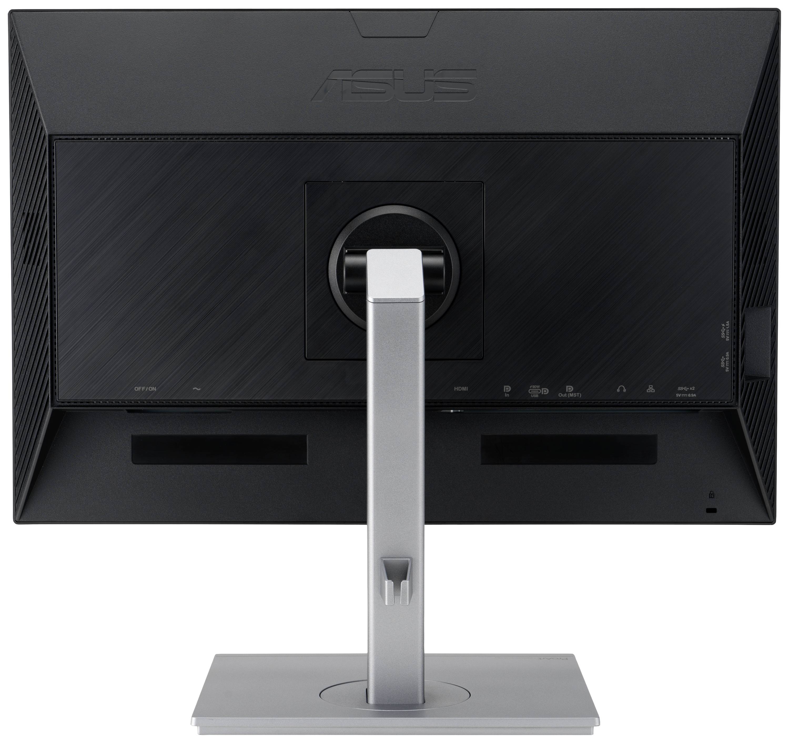 Ein schwarzer Computermonitor von hinten mit silbernem Standfuß und ASUS-Logo.