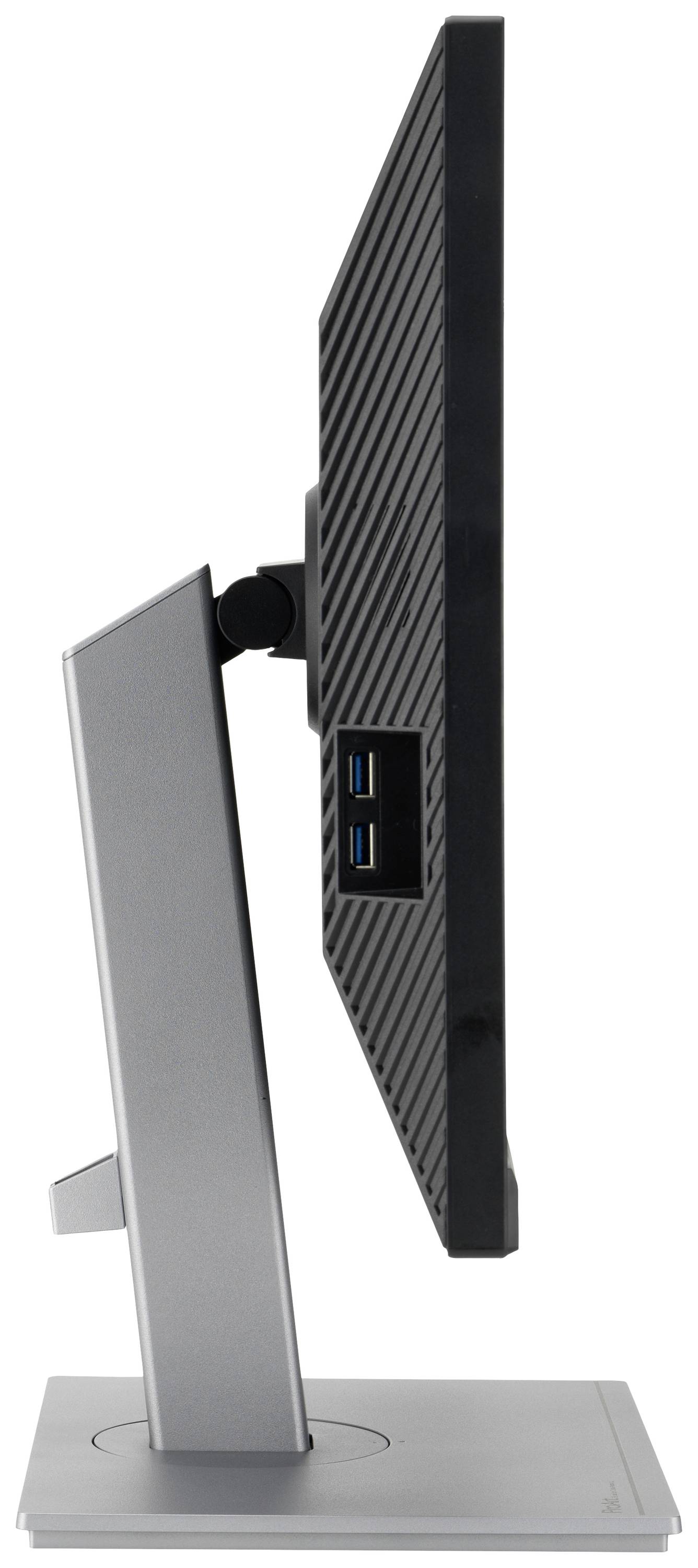 Seitenansicht eines flachen Computermonitors auf einem verstellbaren Ständer mit zwei USB-Anschlüssen an der Rückseite.