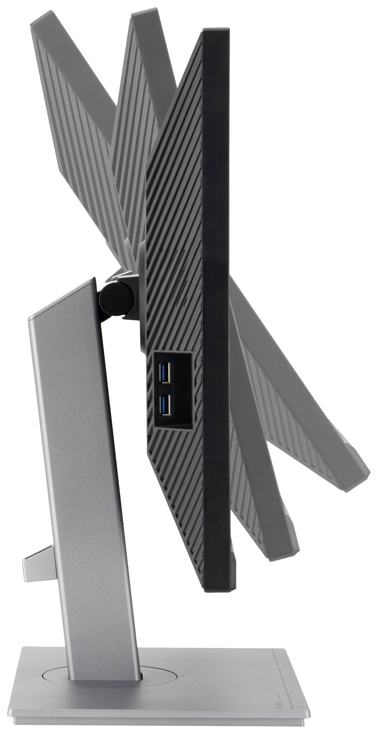 Seitenansicht eines schlanken Monitors mit verstellbarem Neigungswinkel, zeigt USB-Anschlüsse an der Seite.