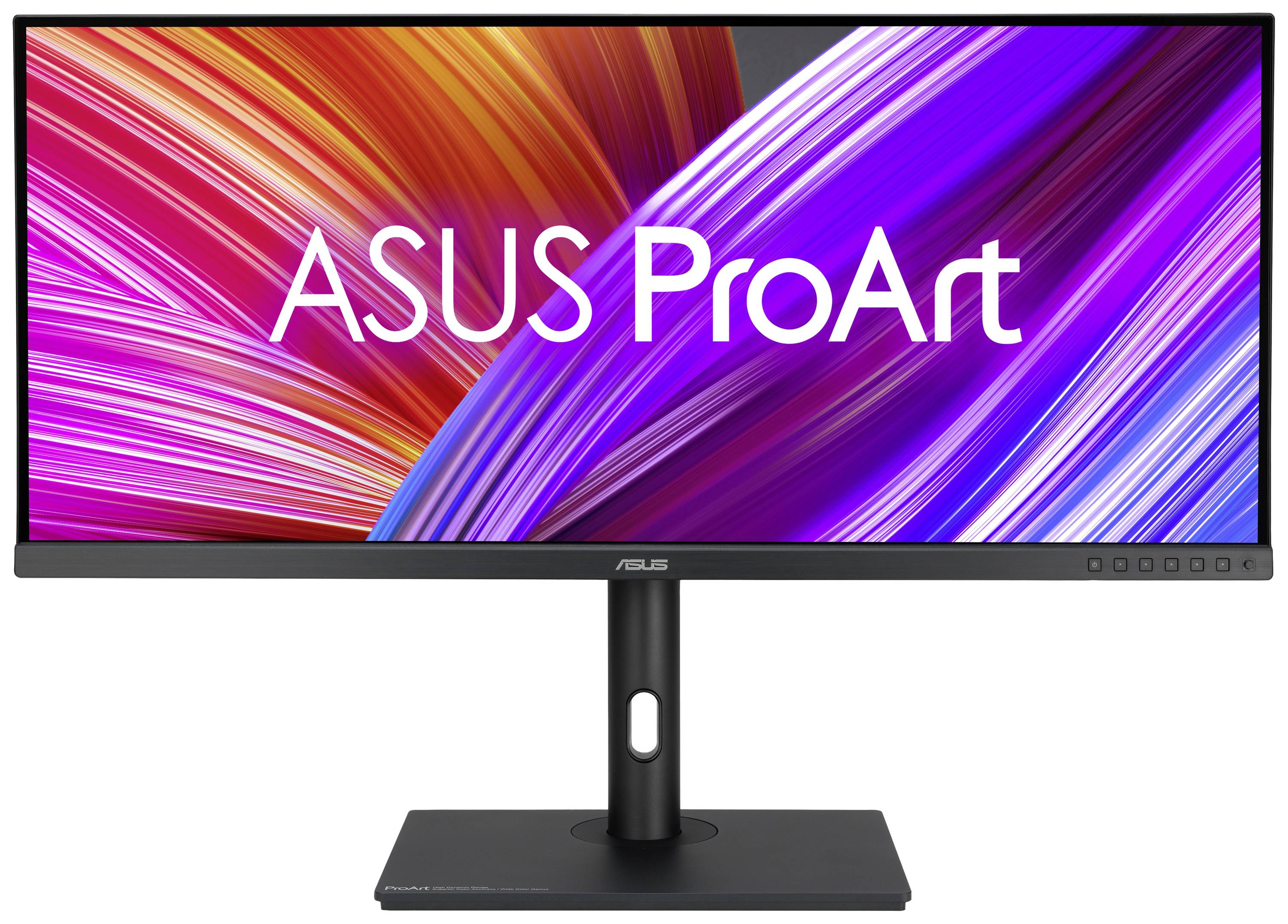 Ein ASUS ProArt Monitor mit ultrabreitem Bildschirm und leuchtend buntem Hintergrundbild zeigt den Text 'ASUS ProArt'.