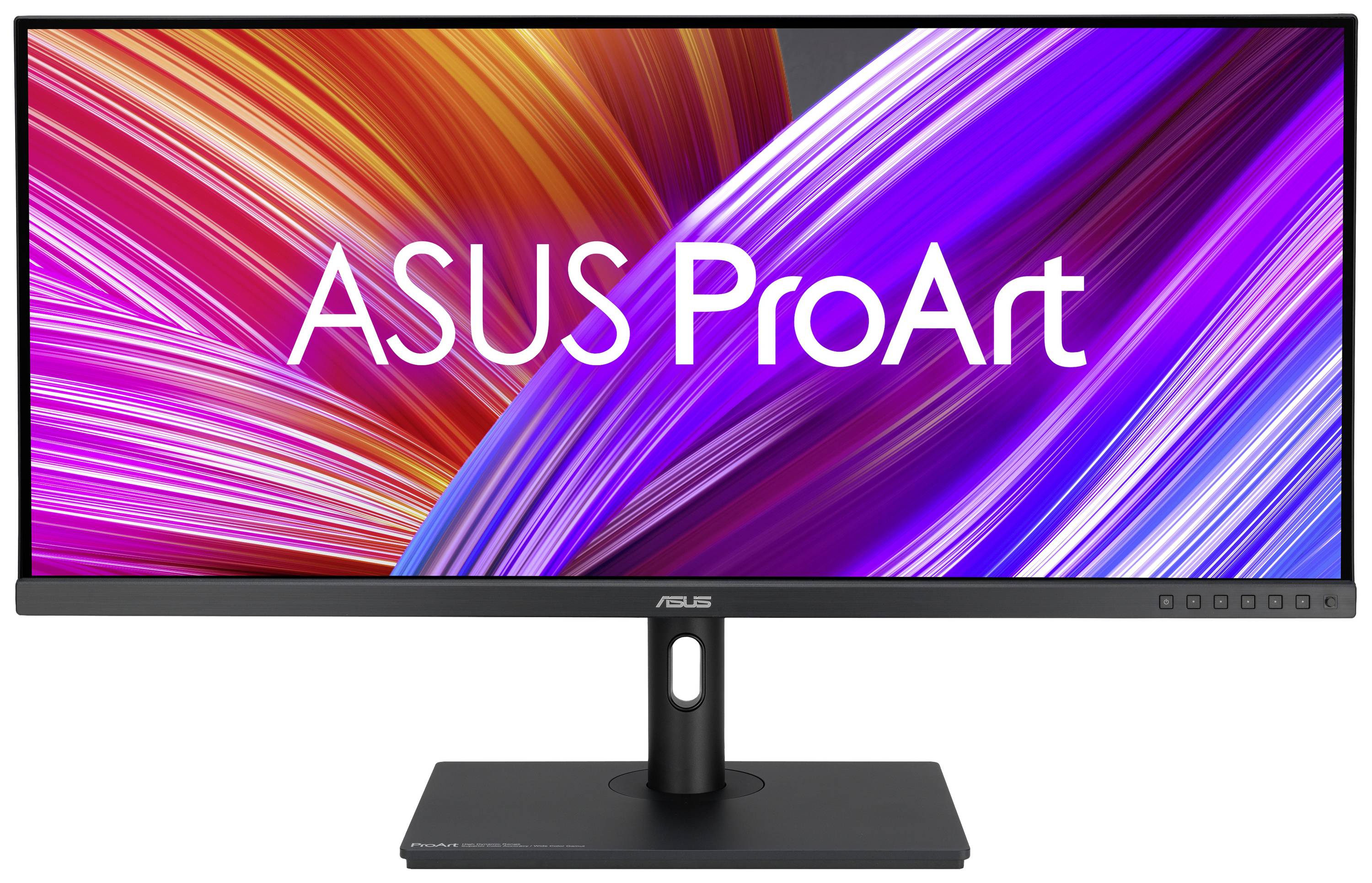 Ultrawide-Monitor von ASUS ProArt mit lebhaften lila und orangefarbenen Grafiken auf dem Bildschirm.