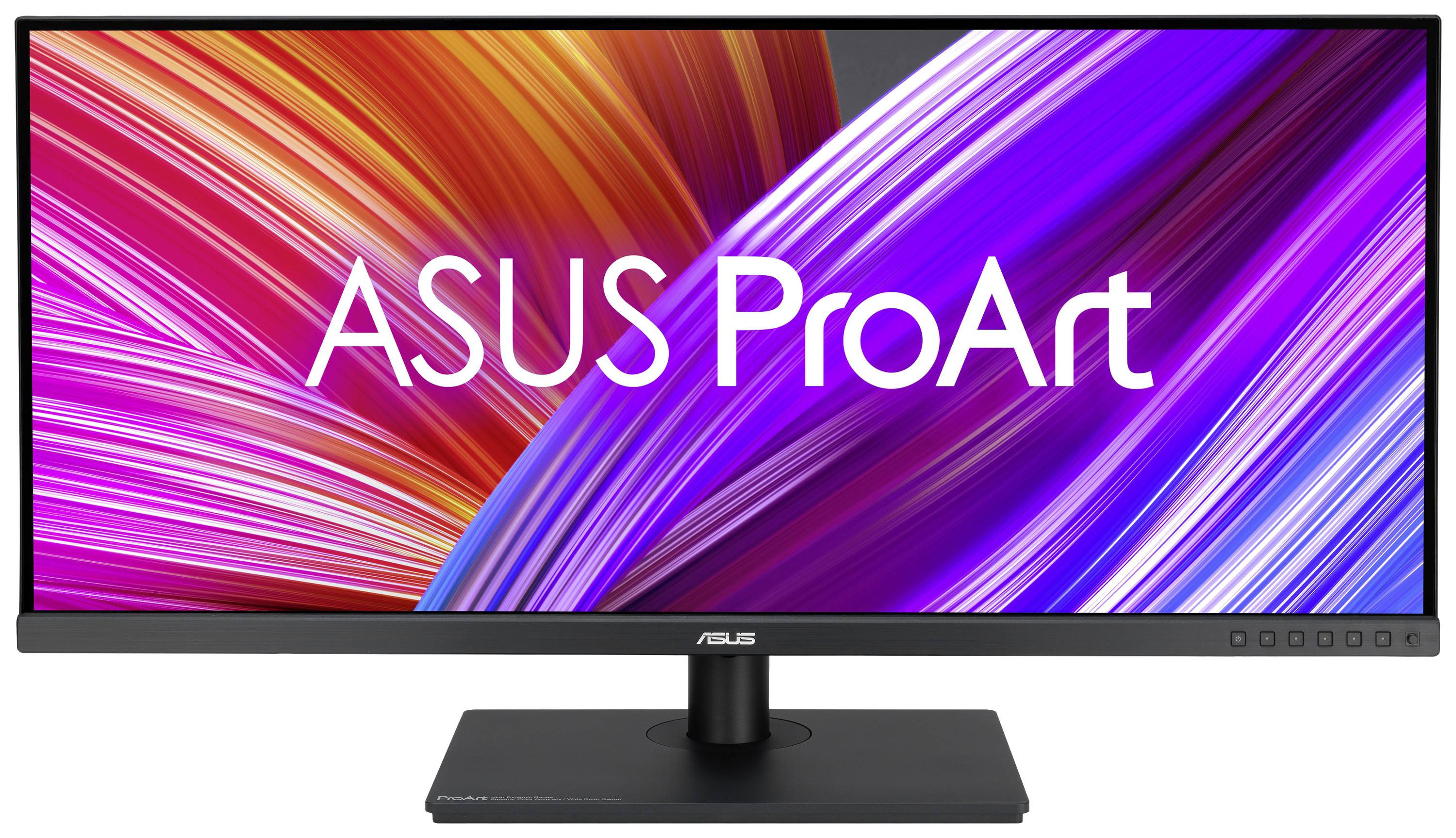 Monitor mit breitem Bildschirm, zeigt das Logo 'ASUS ProArt' vor einem bunten, abstrakten Hintergrund in Rot, Lila und Blau.