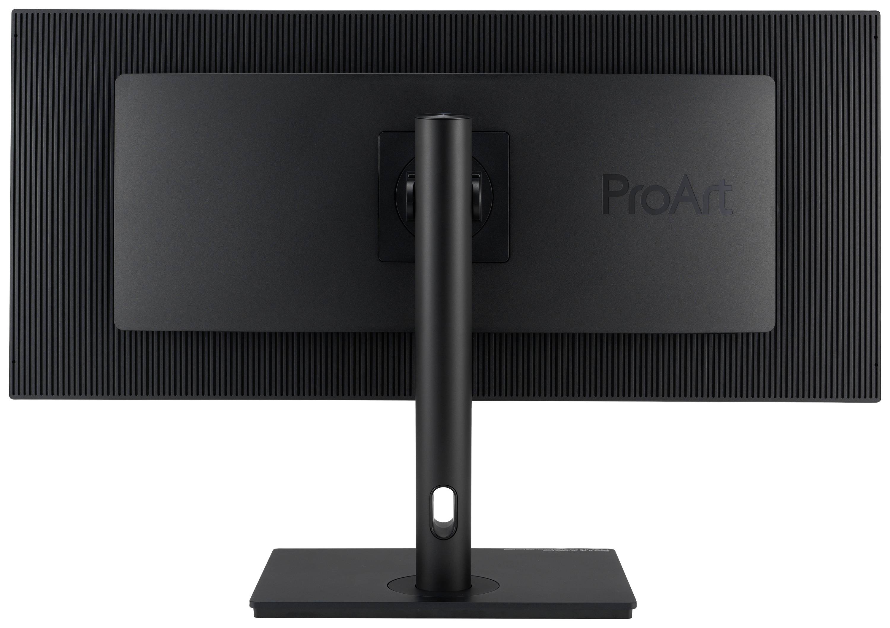 Rückansicht eines schwarzen Computerbildschirms auf einem Standfuß mit der Aufschrift 'ProArt', geeignet für kreative Arbeiten.