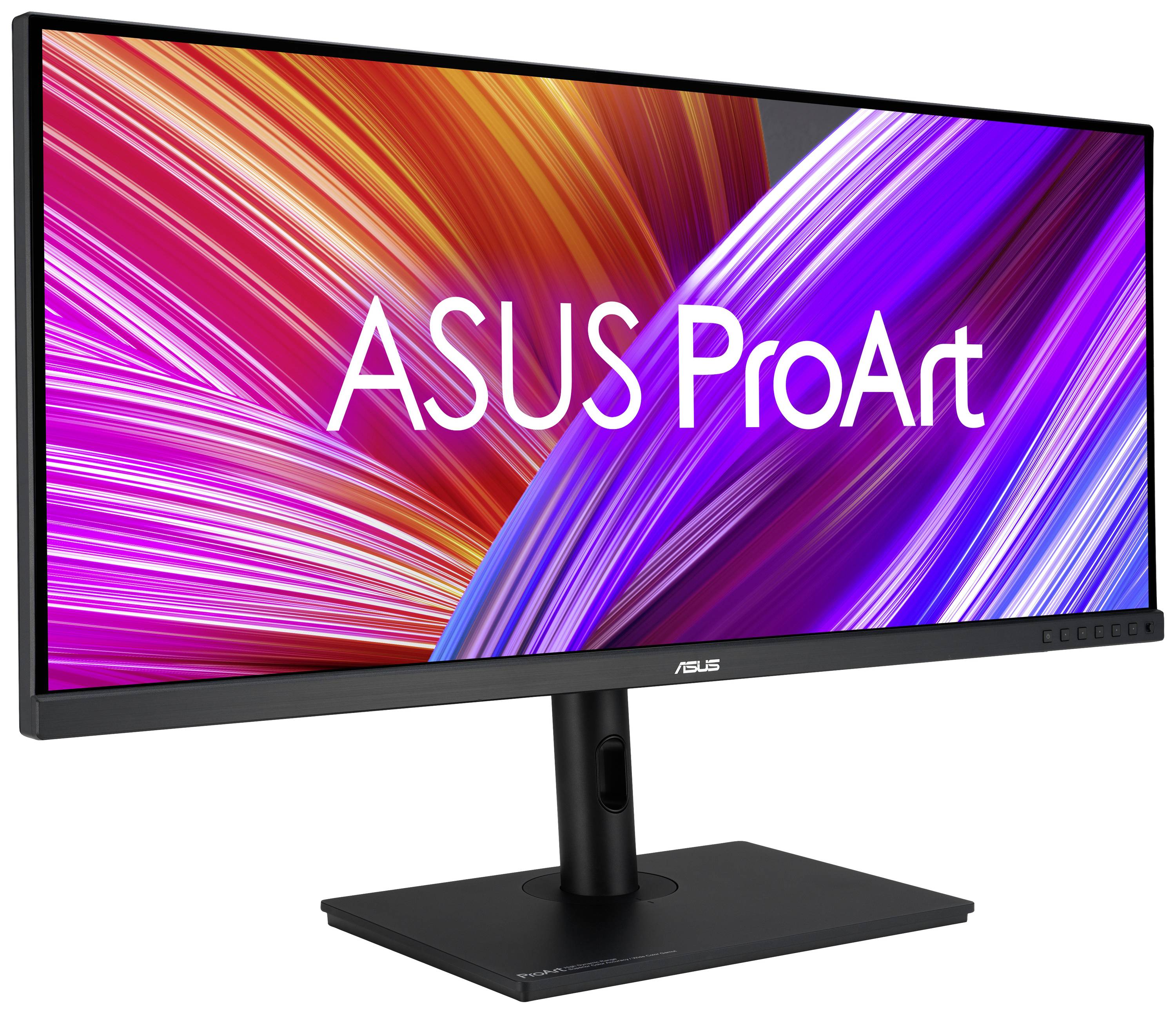 Breiter ASUS ProArt Monitor mit lebendigem Farbverlauf auf dem Bildschirm.
