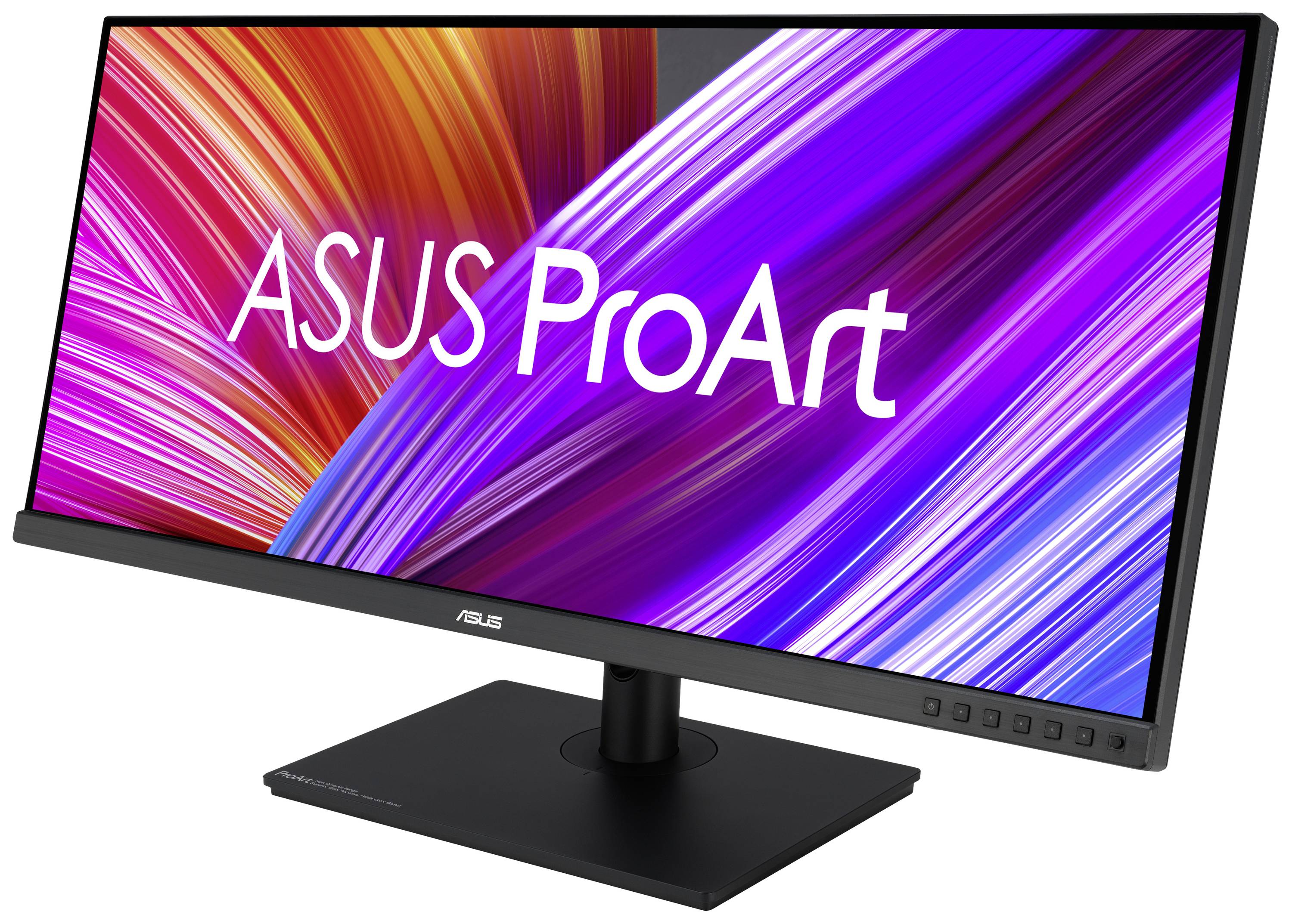 Ein Asus ProArt-Monitor mit einem breiten, farbenfrohen Bildschirm. Das Display zeigt ein lebendiges Design mit violetten und blauen Streifen.