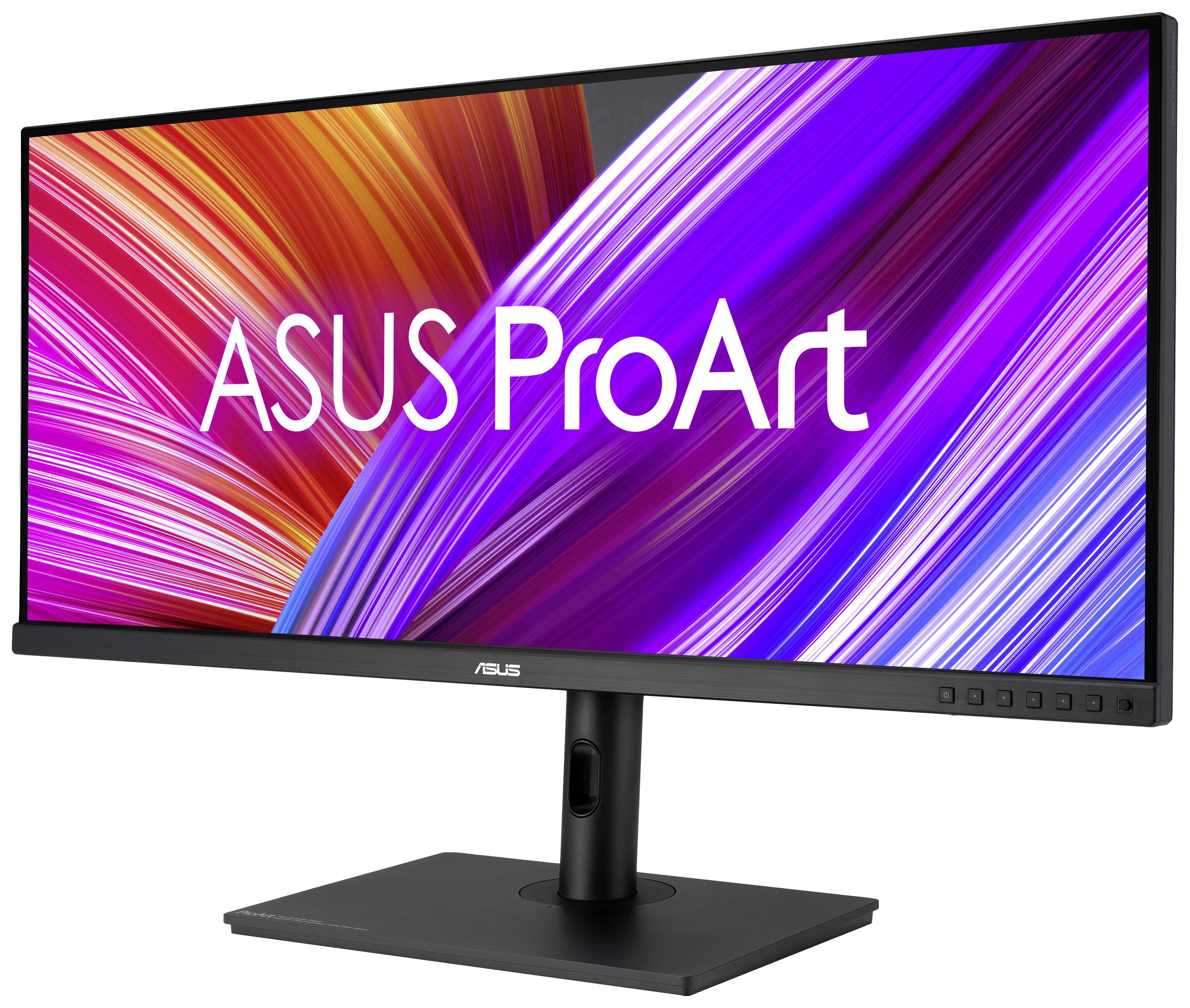 Ein ASUS ProArt-Monitor mit leuchtenden Lila- und Orangetönen auf dem Bildschirm, ideal für kreative Arbeiten.