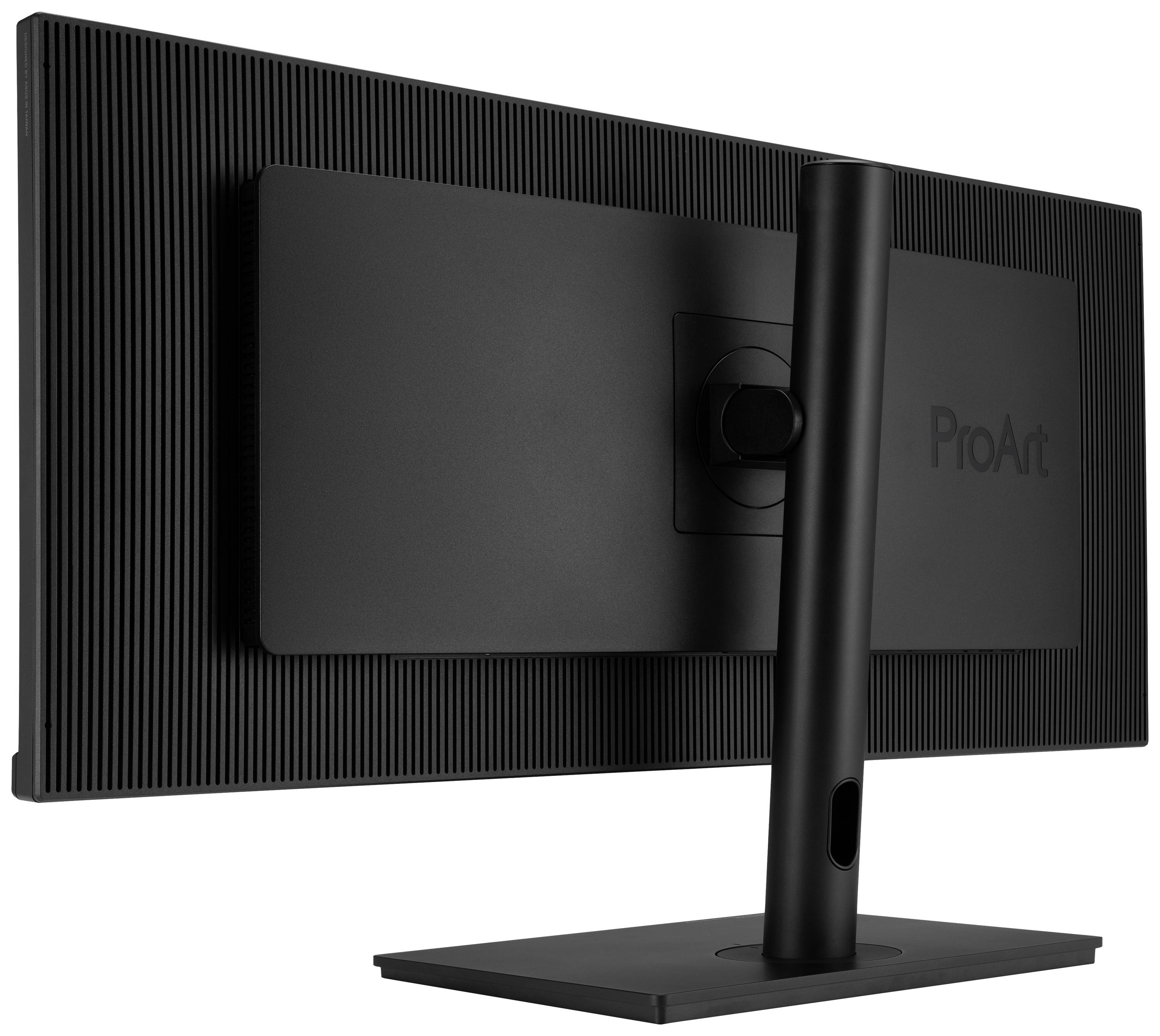 Ein schwarzer Monitor von hinten aufgenommen, mit einem breiten Standfuß und einem vertikalen Halter. 