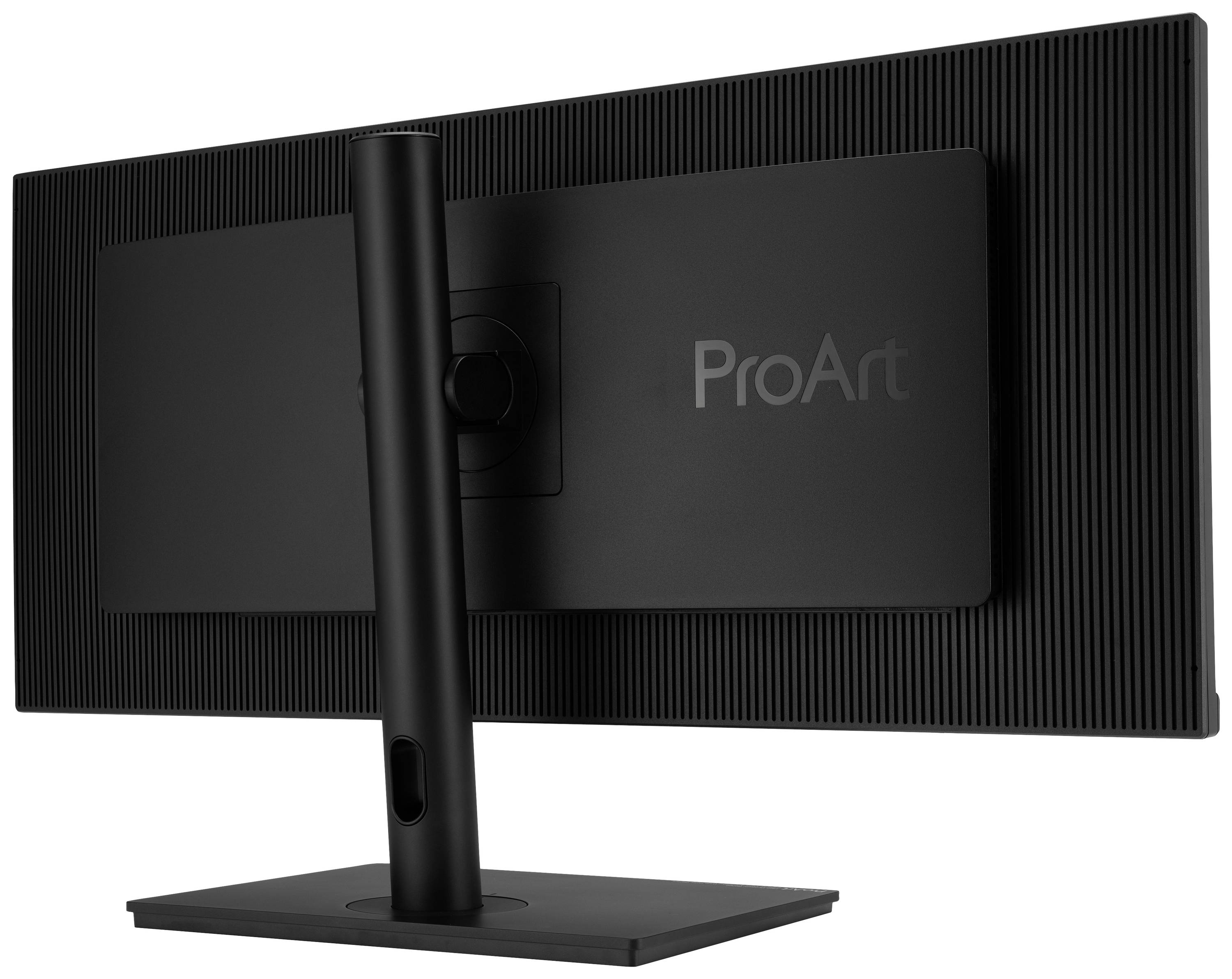 Monitor von hinten betrachtet, zeigt das Modell ProArt mit einem stufigen Design, schlankem schwarzen Ständer und rechteckigem Standfuß.