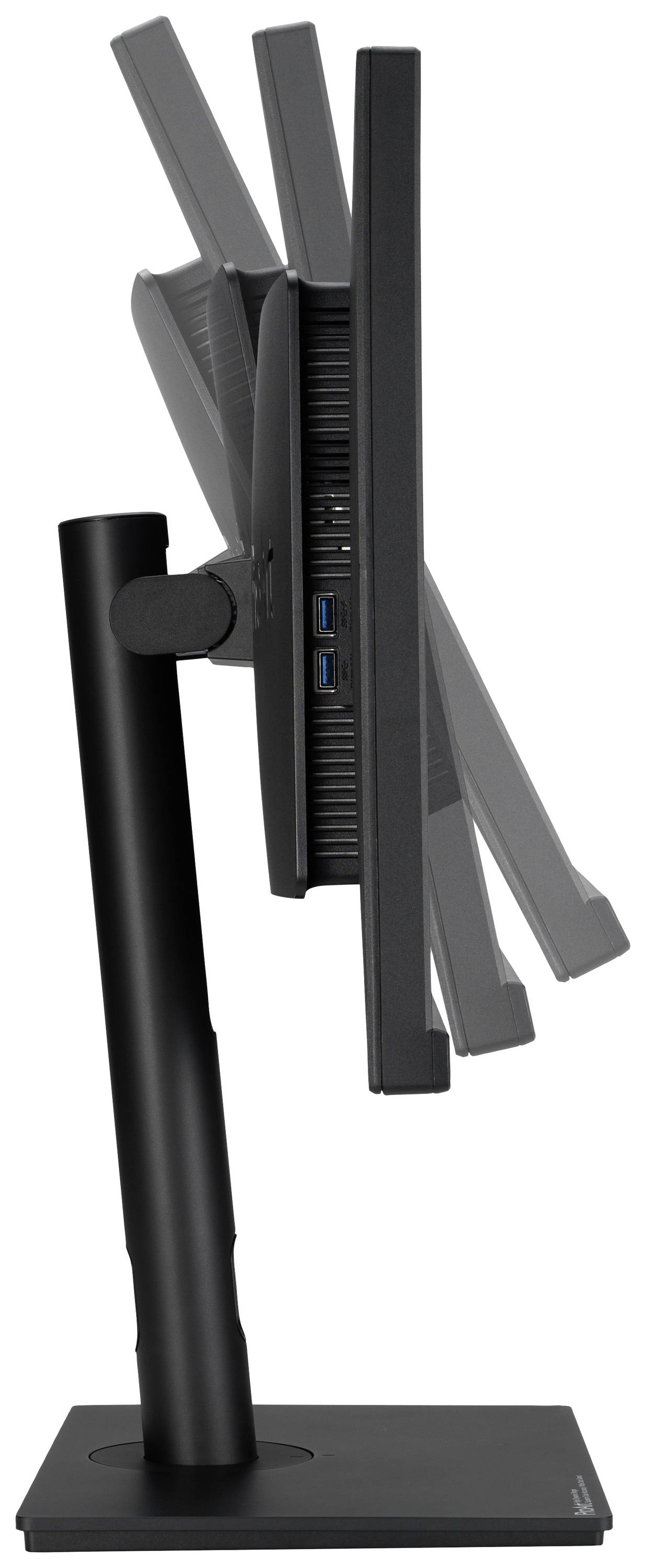 Ein Computermonitor in Seitenansicht zeigt verschiedene Neigungswinkel. Der Sockel ist stabil, und der Bildschirm lässt sich nach hinten kippen.