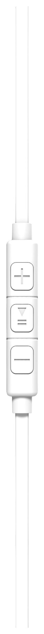 Weiße Kopfhörerkabel mit integriertem Bedienelement, drei Tasten: Lautstärke hoch, Lautstärke runter, mittlere Taste für Wiedergabe/Pause.