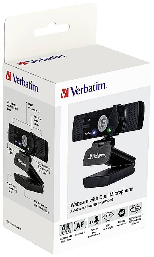 Verbatim AWC-03 4K-Webcam 3840 x 2160 Pixel, 1920 x 1080 Pixel Klemm-Halterung, Standfuß
