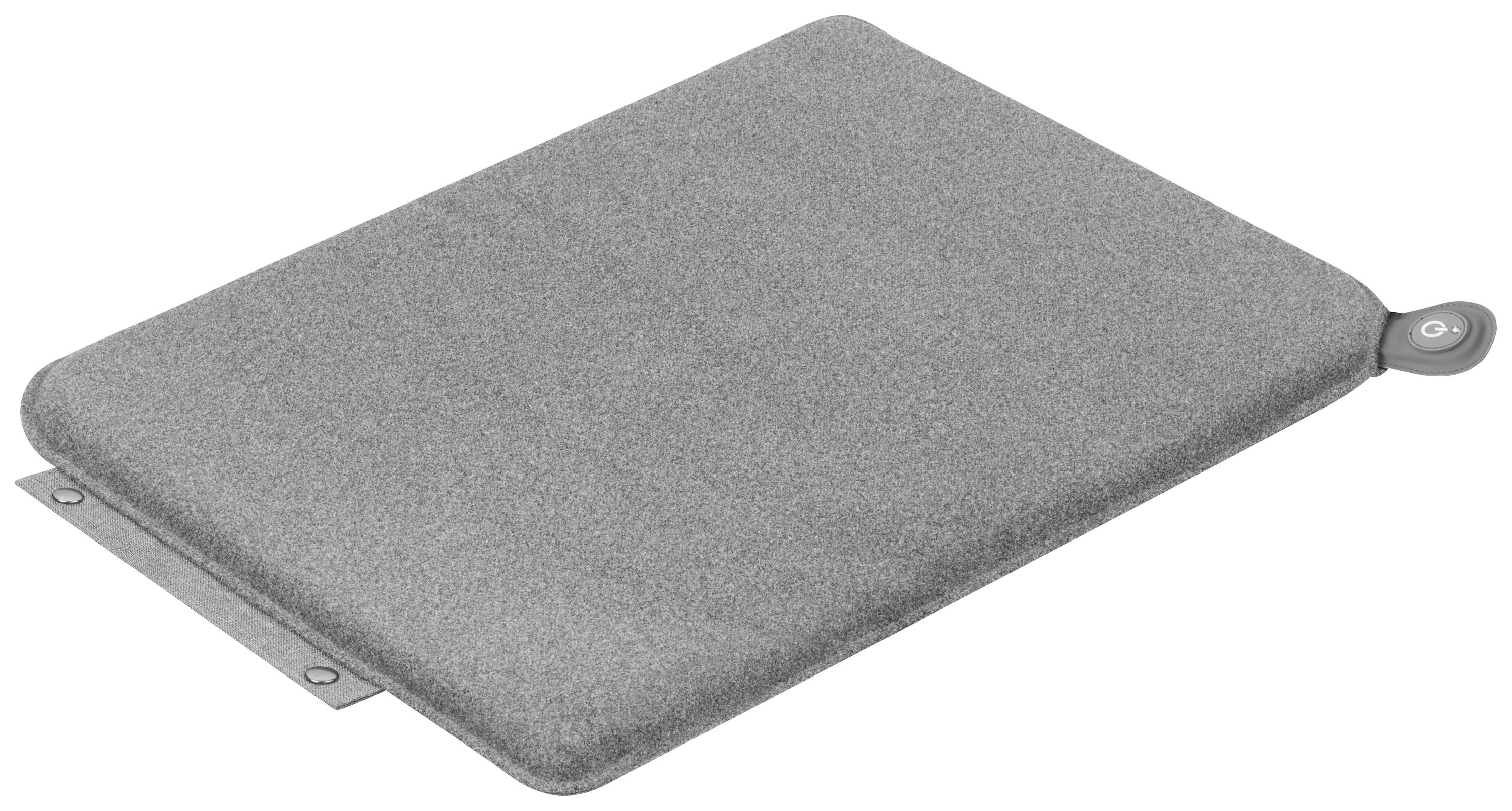 Graues, rechteckiges Sitzkissen mit abgerundeten Ecken und praktischer Schlaufe an einer Ecke zur einfachen Handhabung.