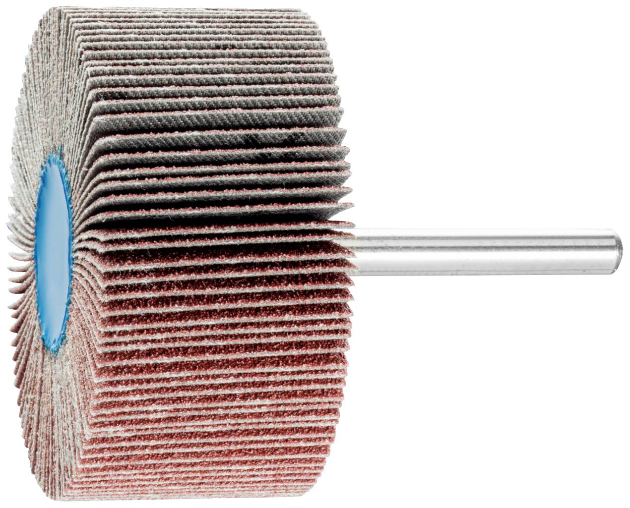 Ein Schleifaufsatz mit radialen Schleifscheiben auf einer Metallachse, verwendet zur Oberflächenbearbeitung und -glättung.