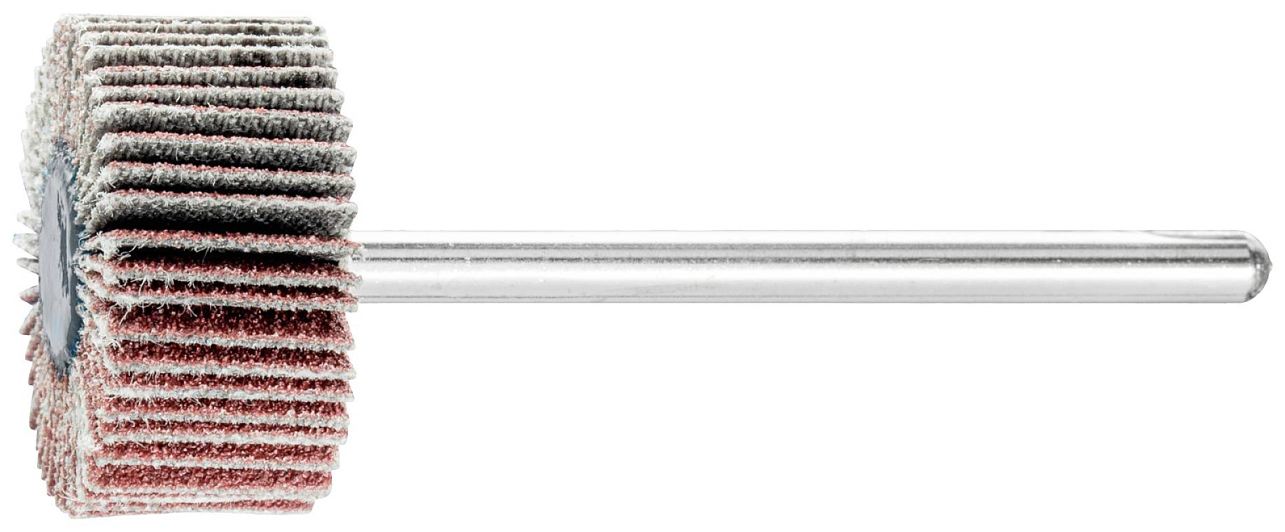 Eine Schleifwalze mit gestapelten Schleifblättern an einem Metallstift, verwendet zum Glätten von Oberflächen in handwerklichen Arbeiten.