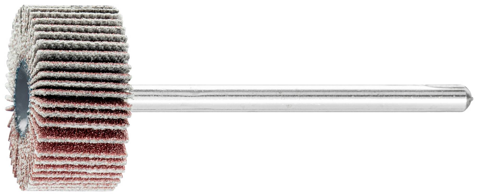 Ein Fliesen-Schleifaufsatz mit rotierenden Schleifblättern, montiert auf einem Metallstab, wird zur Bearbeitung von Oberflächen verwendet.