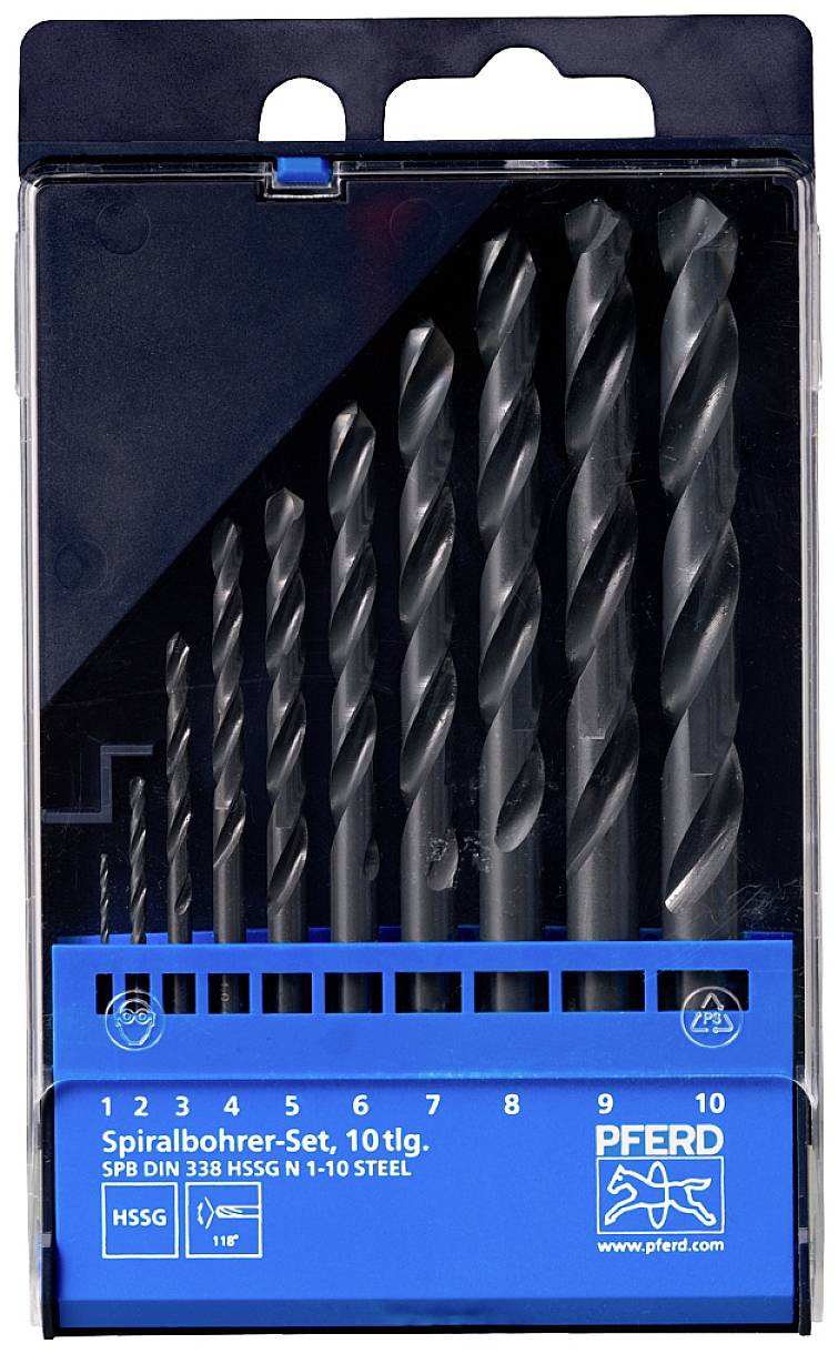 'Spiralbohrer-Set, 10-teilig, SPB DIN 338 HSSG N 1-10 STEEL' mit verschiedenen Größen, in einer blauen Verpackung.