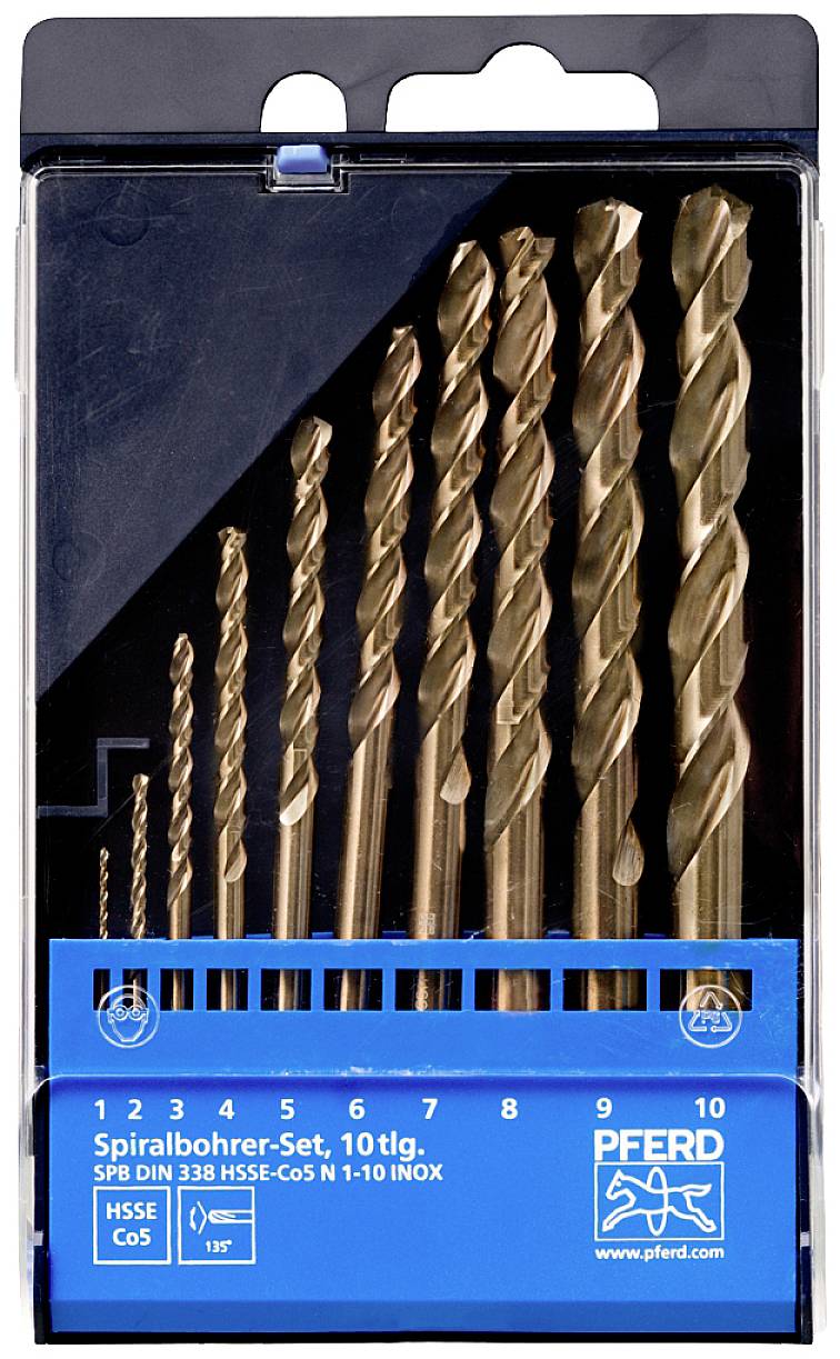 Spiralbohrer-Set, 10-teilig, von PFERD. Enthält verschiedene Größen von Bohrern, geeignet für Metallbearbeitung. Verpackung zeigt Produktdetails.