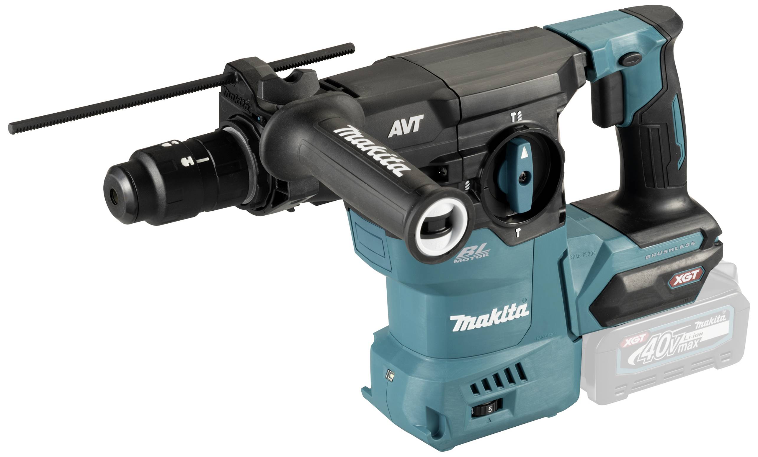Akkubohrhammer in Blau mit schwarzem Griff, Marke Makita. Geeignet für professionelle Bauarbeiten.