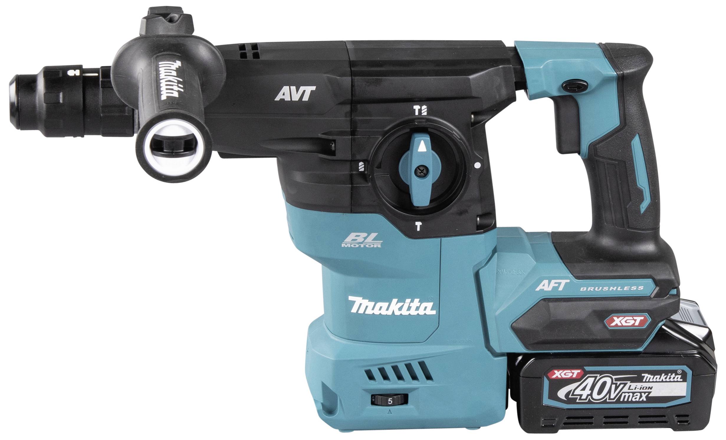 Akku-Bohrhammer von Makita mit 40V. Schwarzes und türkisfarbenes Design, markiert mit 'AVT' und '40V max'.