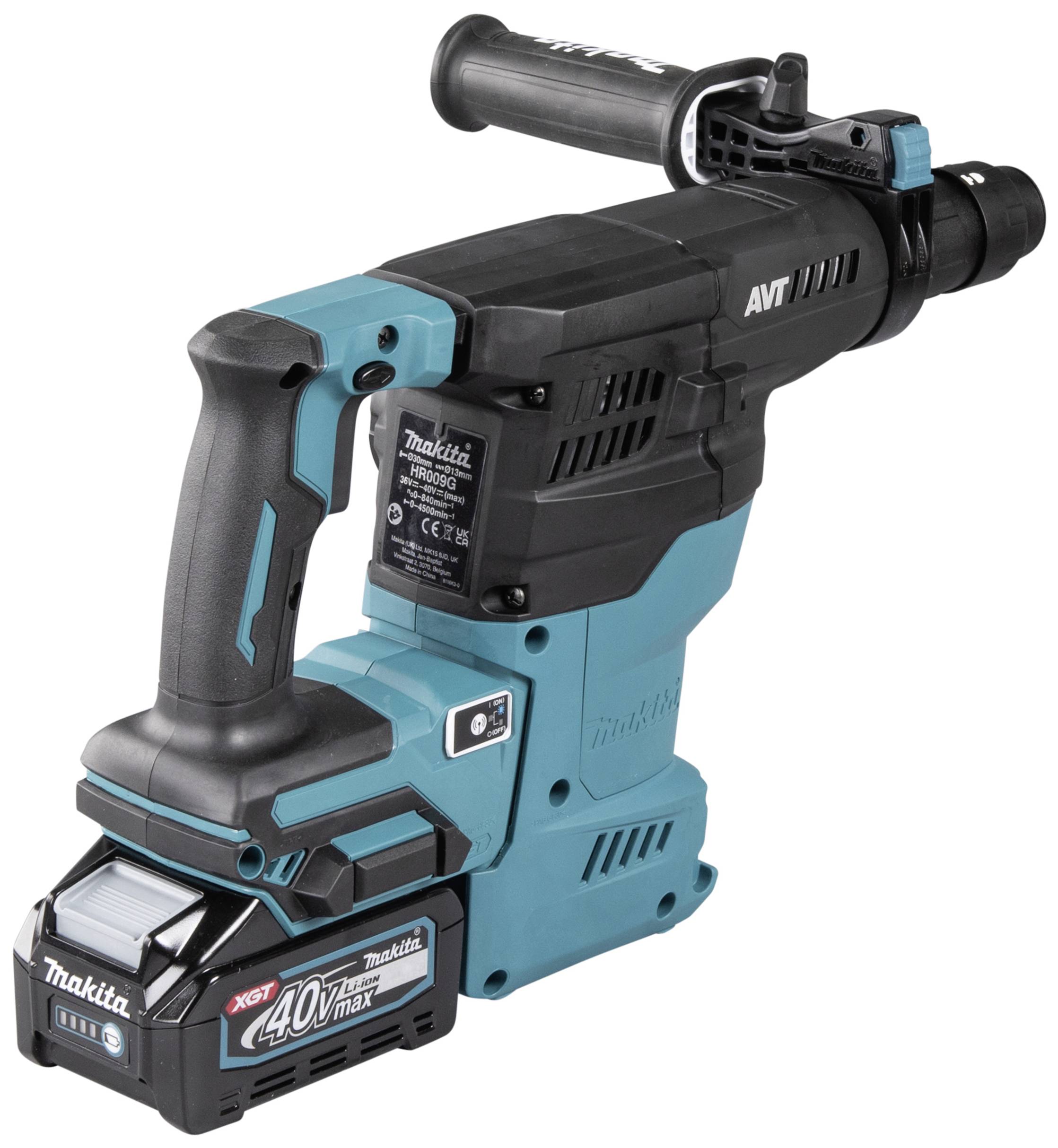 Bohrhammer in Blau und Schwarz mit 40V-Akku, seitlichem Griff und Kontrollen.