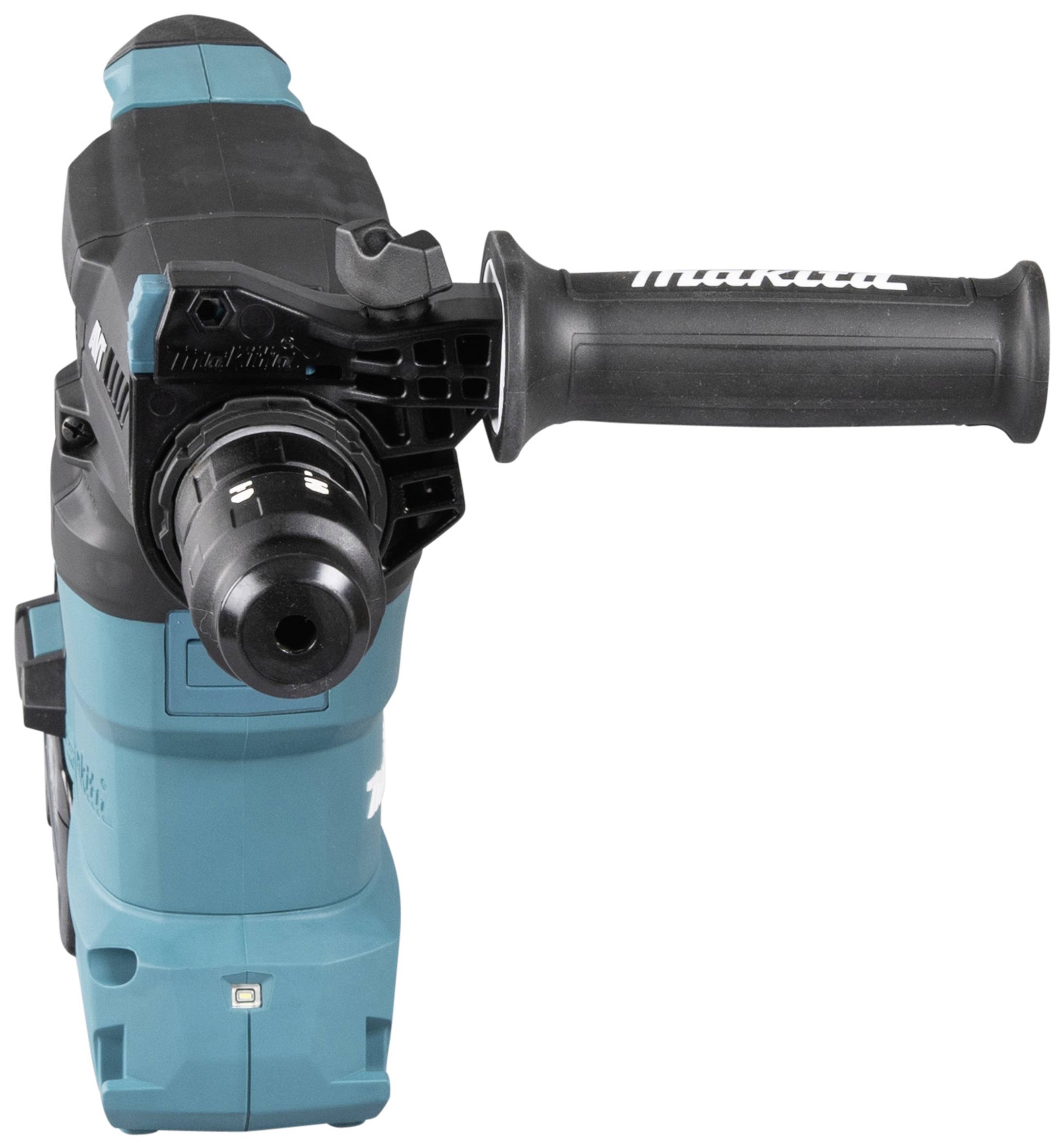 Ein blauer und schwarzer Bohrhammer mit einem langen Griff und einem Bohrkopf, geeignet für schwere Bohrarbeiten.