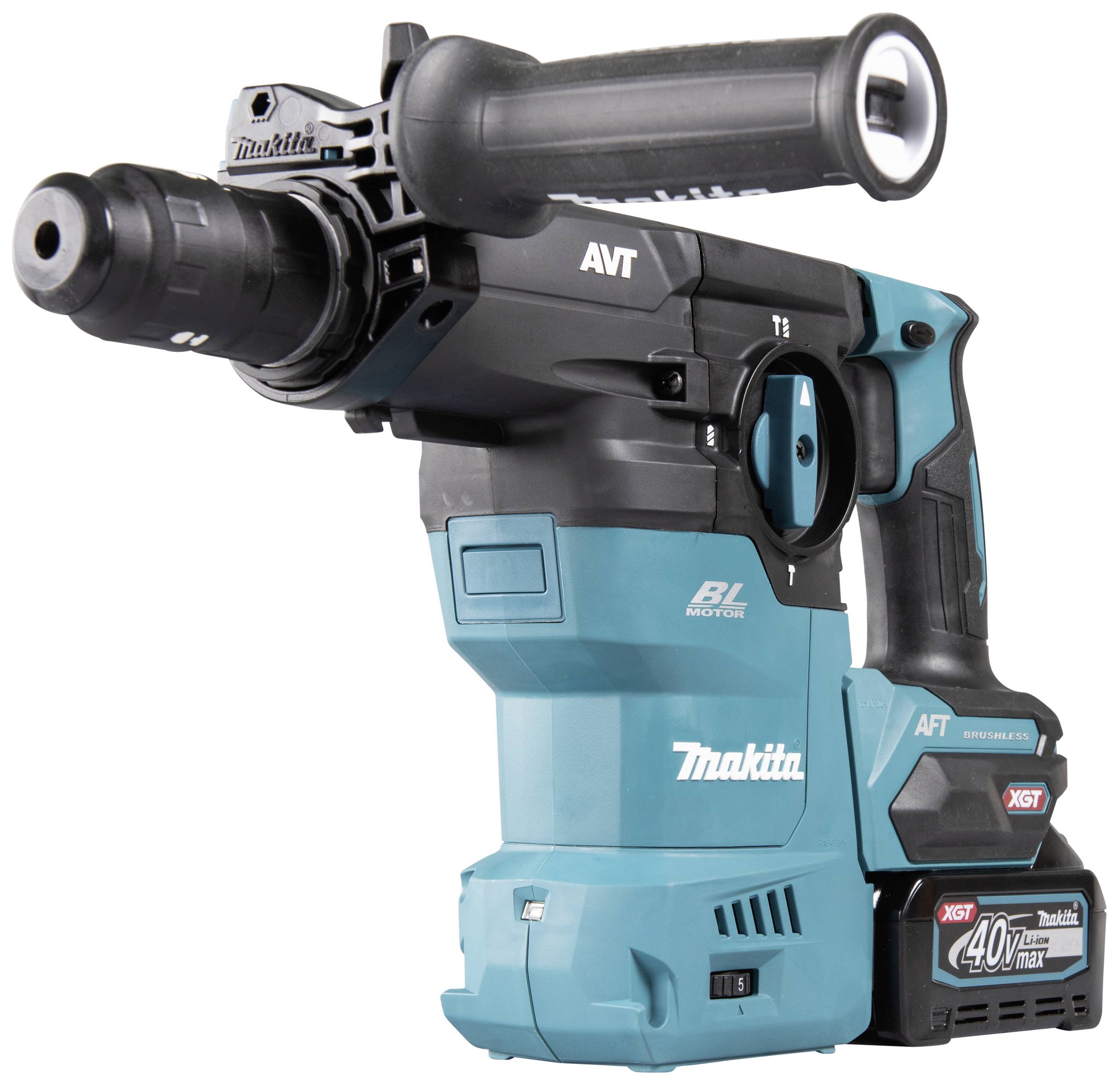 Ein blau-schwarzer Makita-Bohrhammer mit ergonomischem Griff und abnehmbarem Akku. Geeignet für schwere Bauarbeiten.